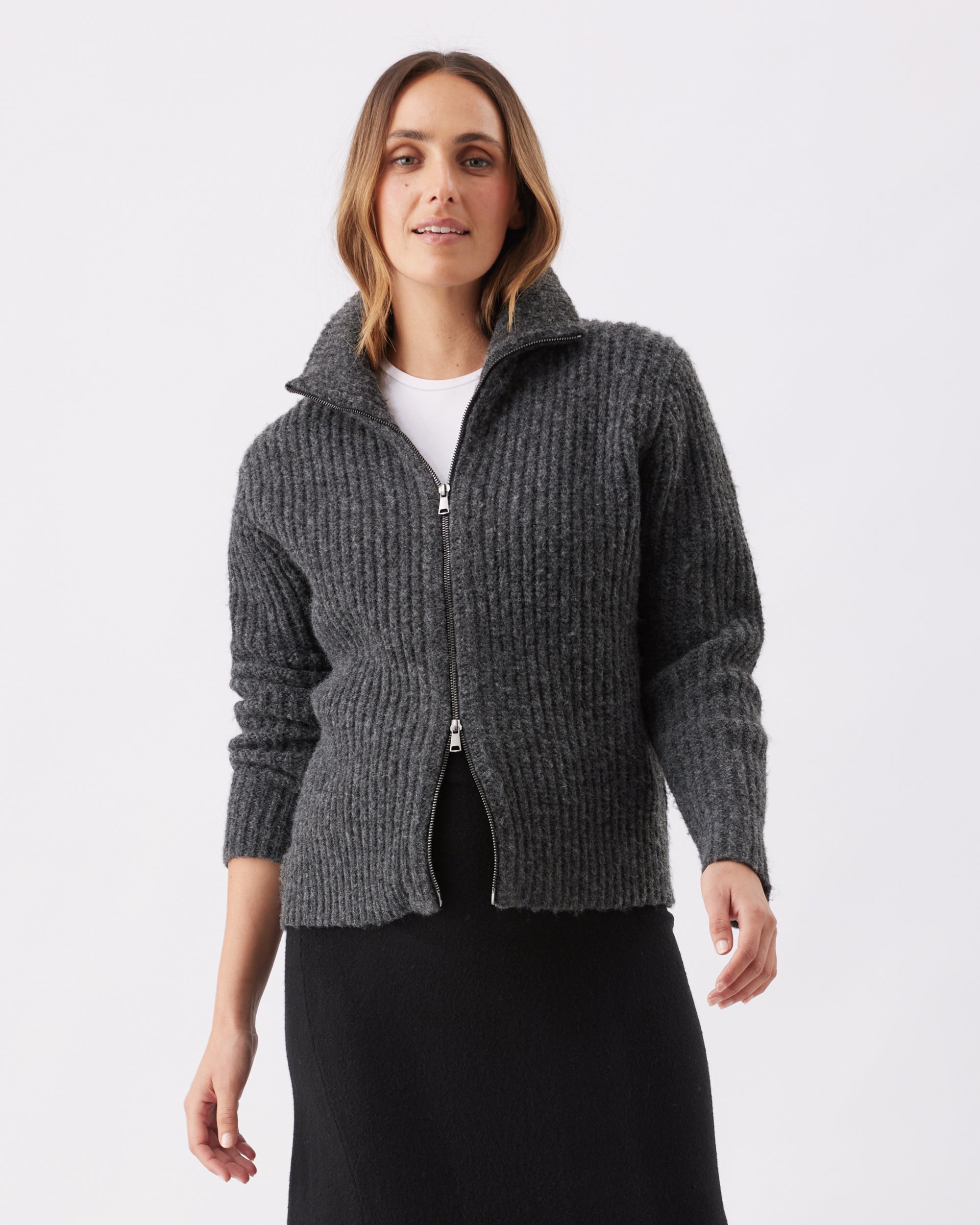 Layla Zip Through Knit Dark Charcoal