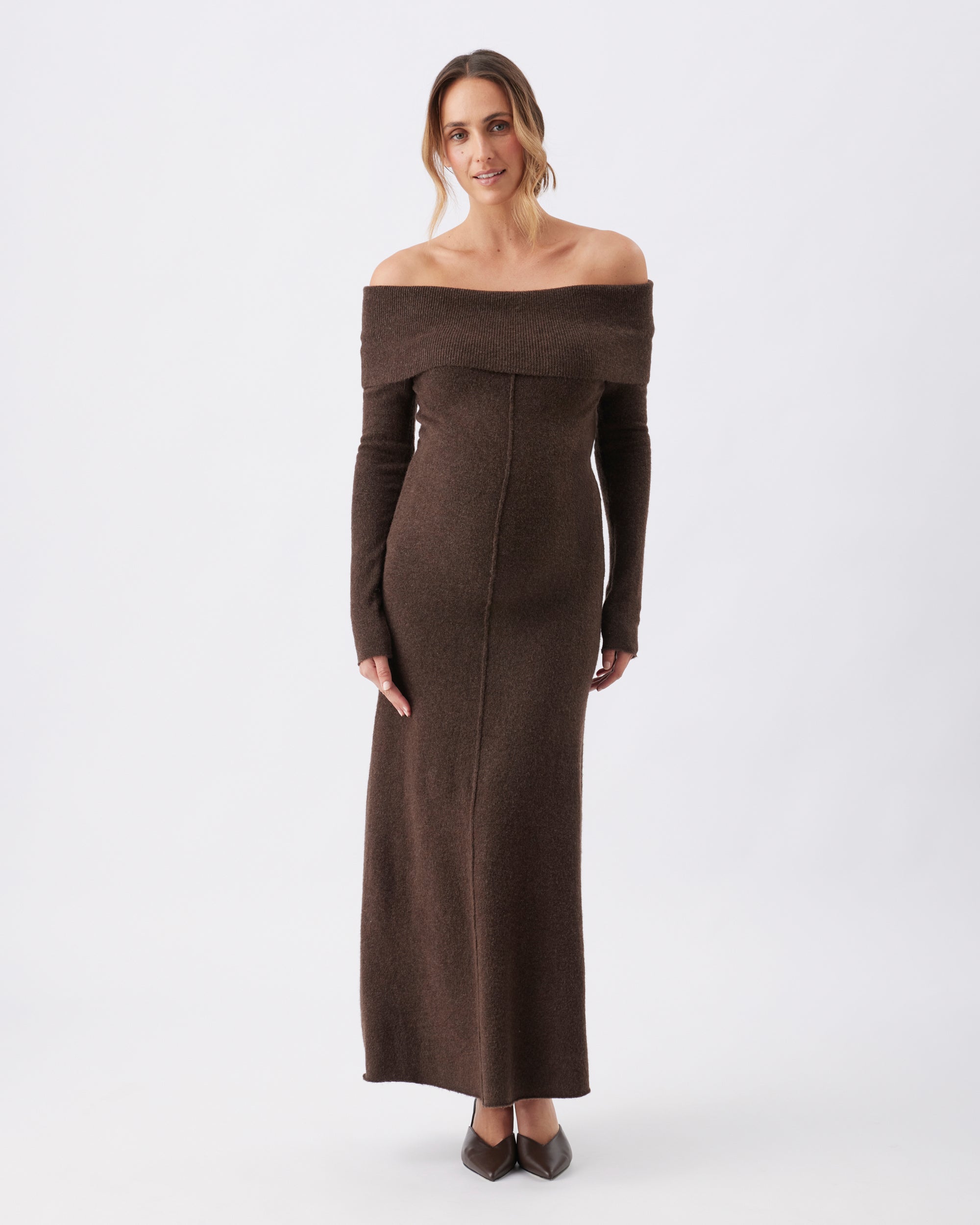 Tyla Off Shoulder Knit Dress Chocolate
