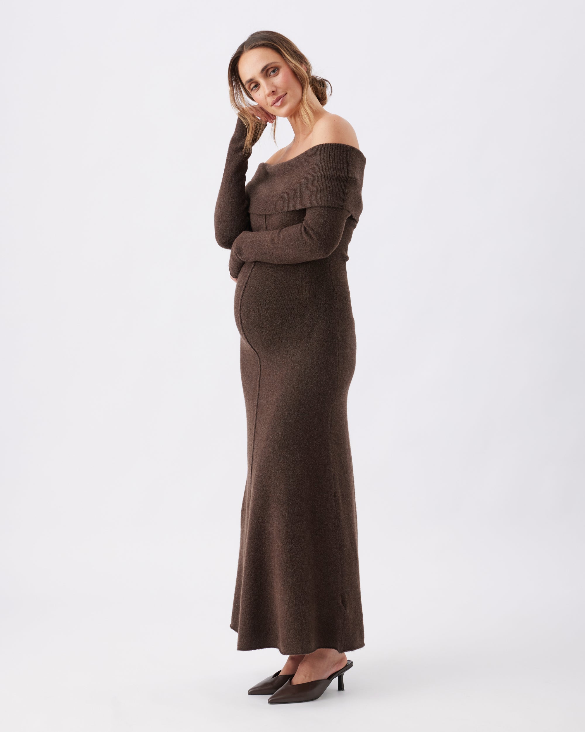 Tyla Off Shoulder Knit Dress Chocolate