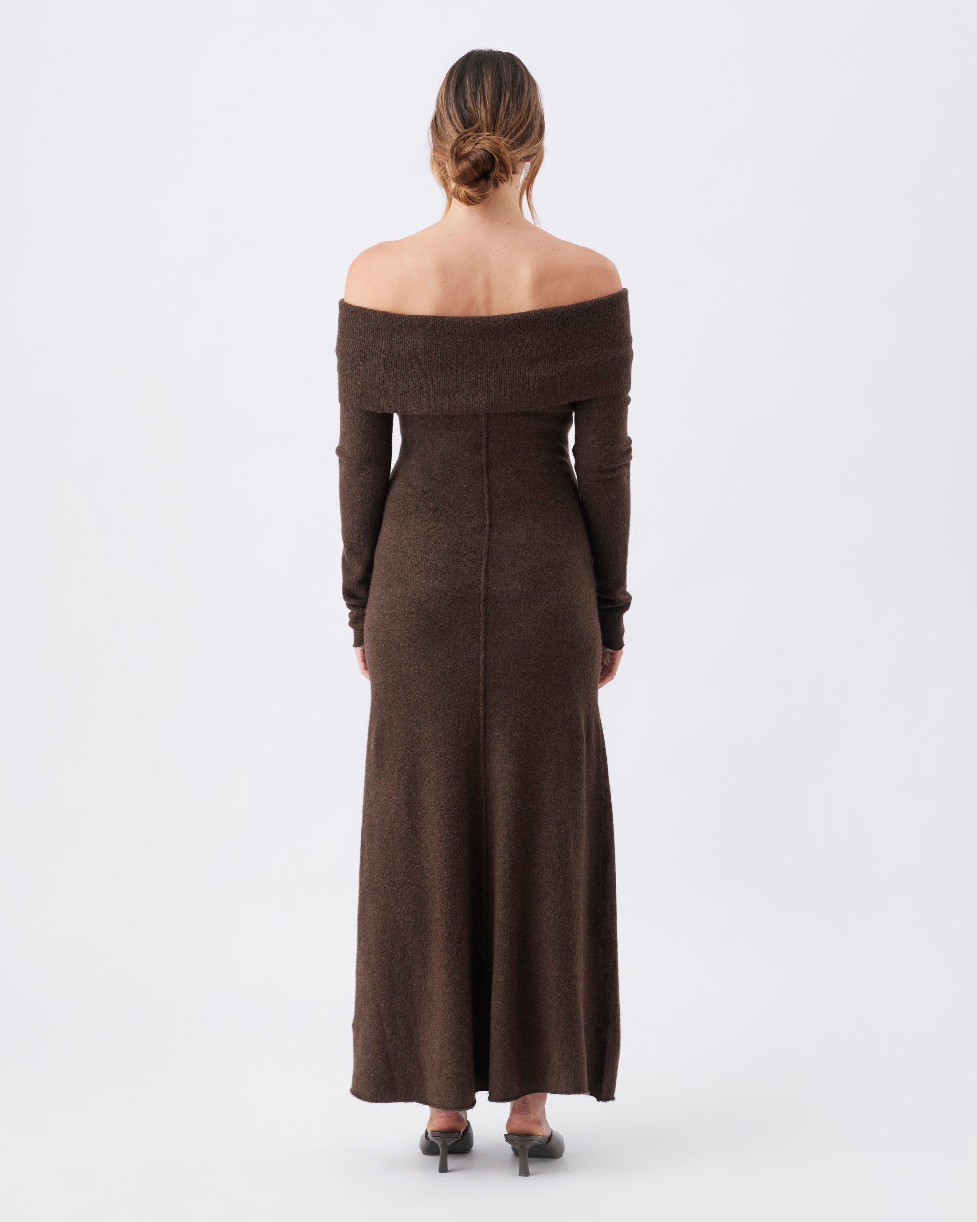 Tyla Off Shoulder Knit Dress Chocolate