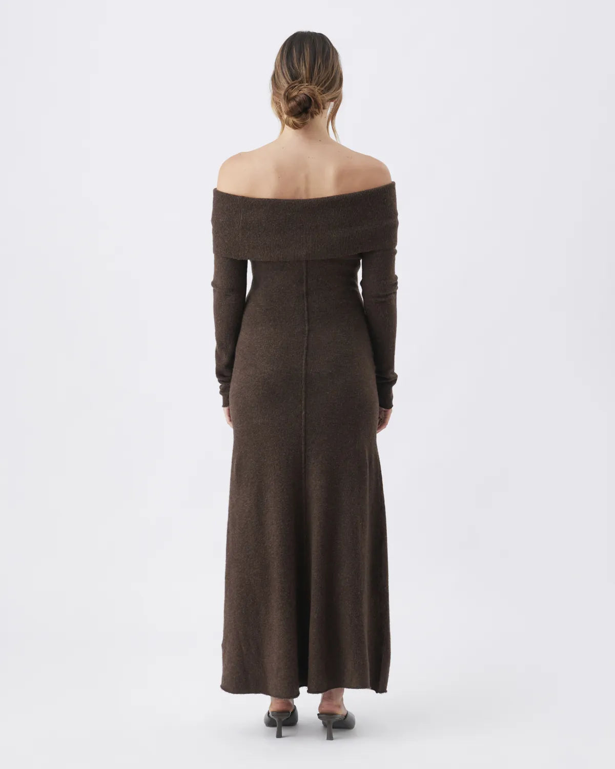 Tyla Off Shoulder Knit Dress Chocolate