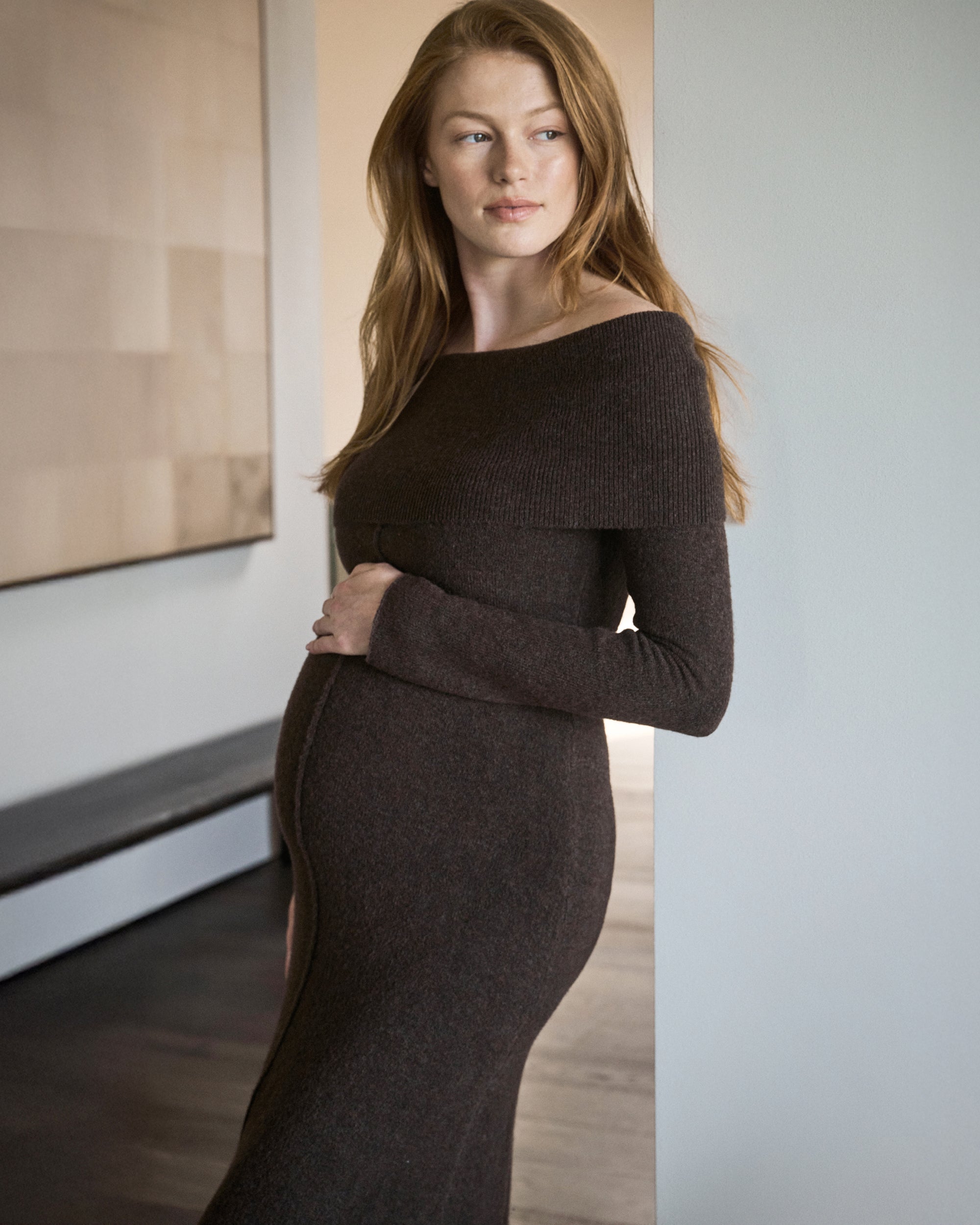Tyla Off Shoulder Knit Dress Chocolate
