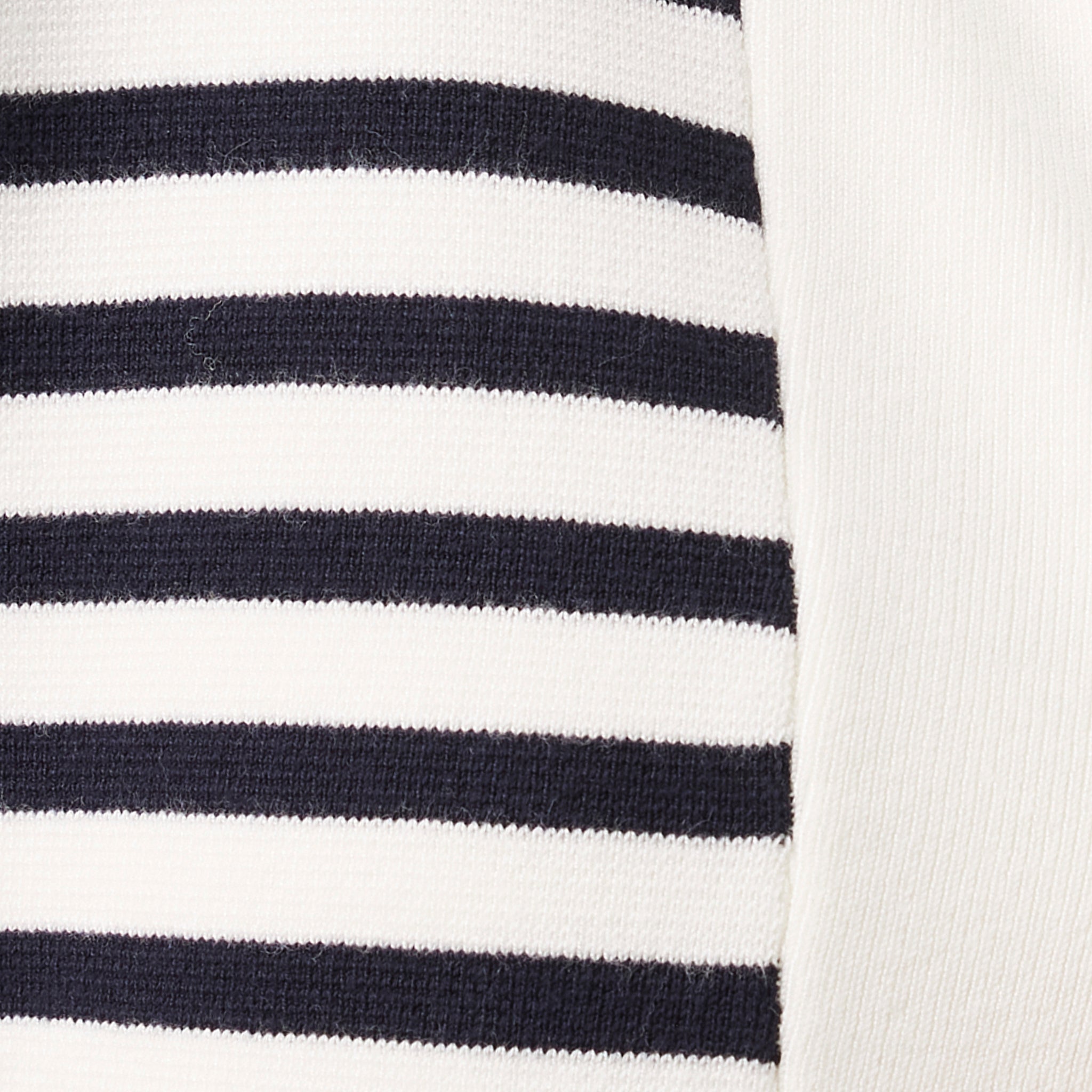 Close-up of a fabric with navy blue and white horizontal stripes.