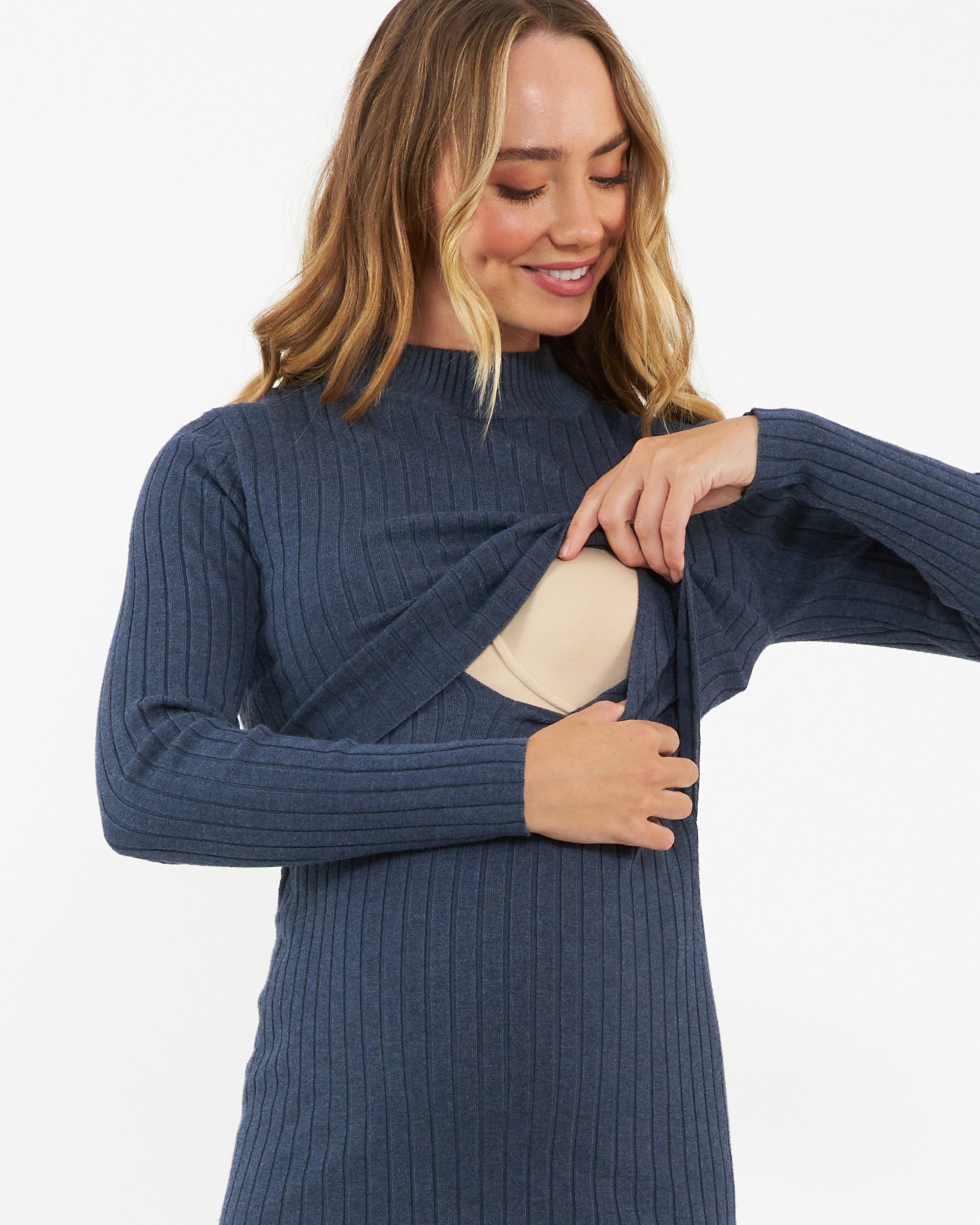 Nella Rib Nursing Knit Dress  Denim Marle