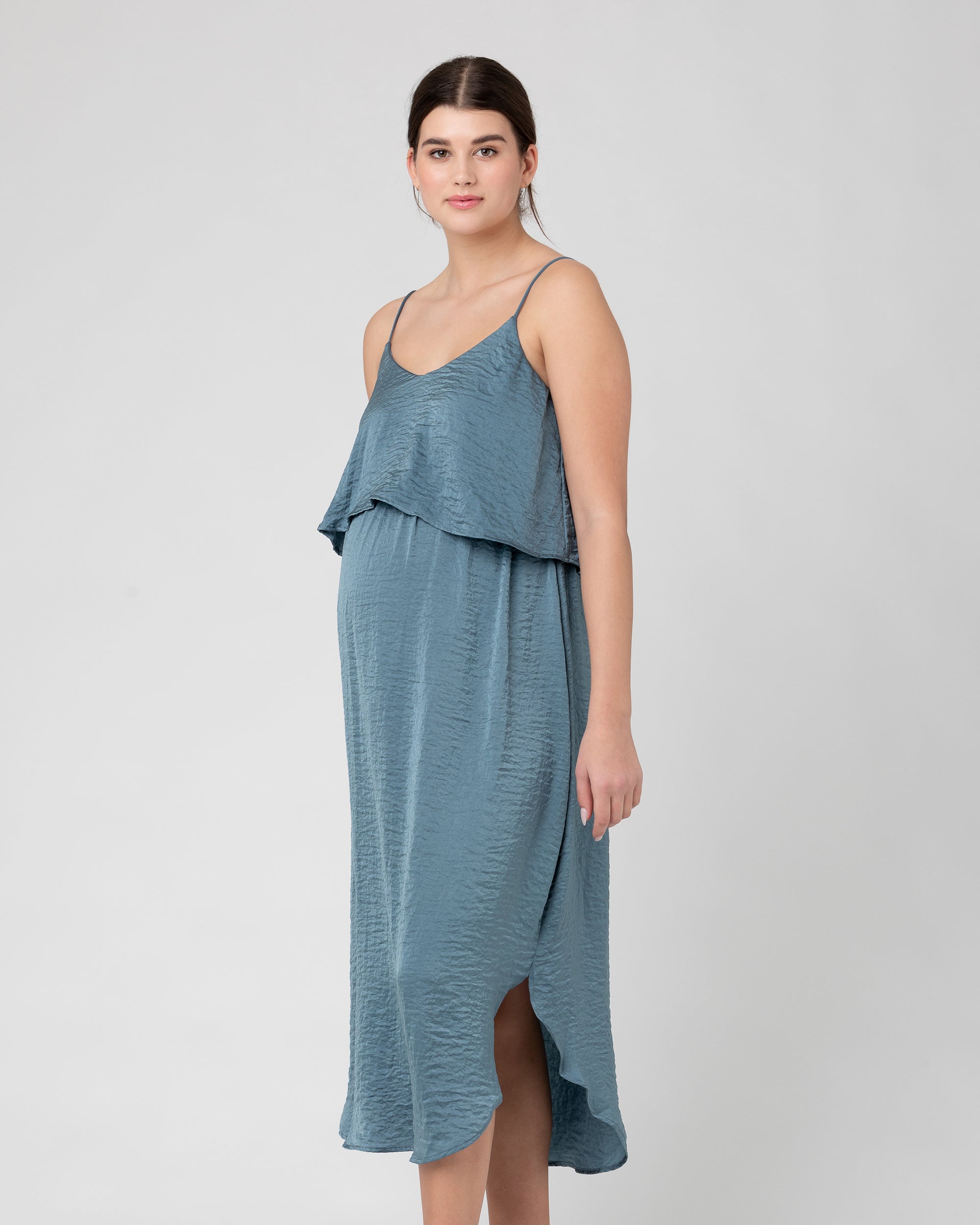 Crushed Satin Nursing Dress Dusty Blue