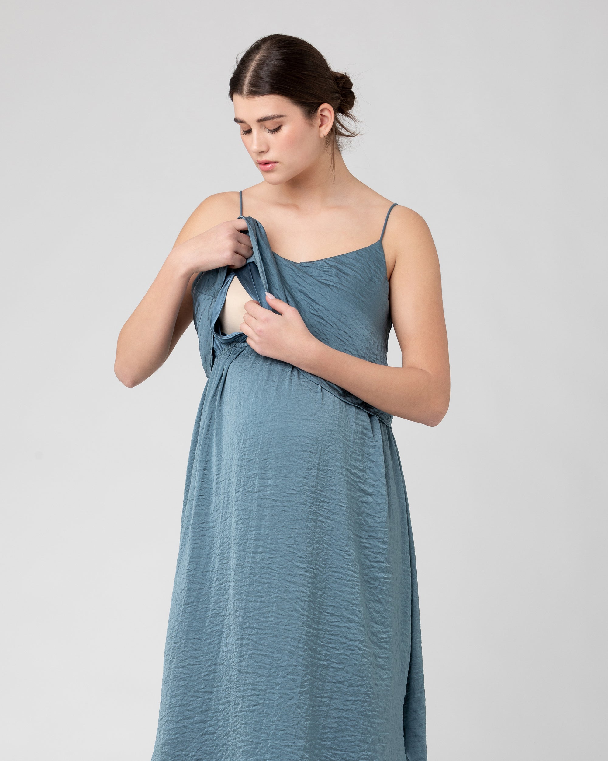 Crushed Satin Nursing Dress  Dusty Blue