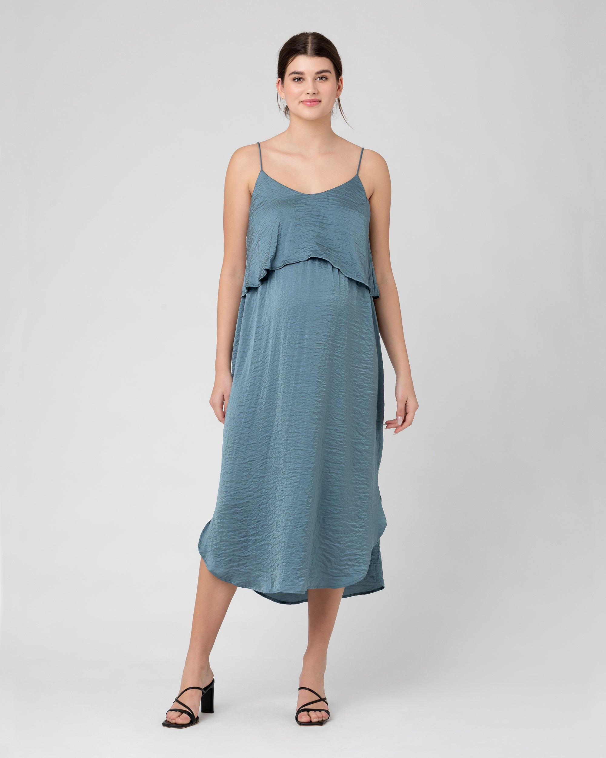 Crushed Satin Nursing Dress  Dusty Blue