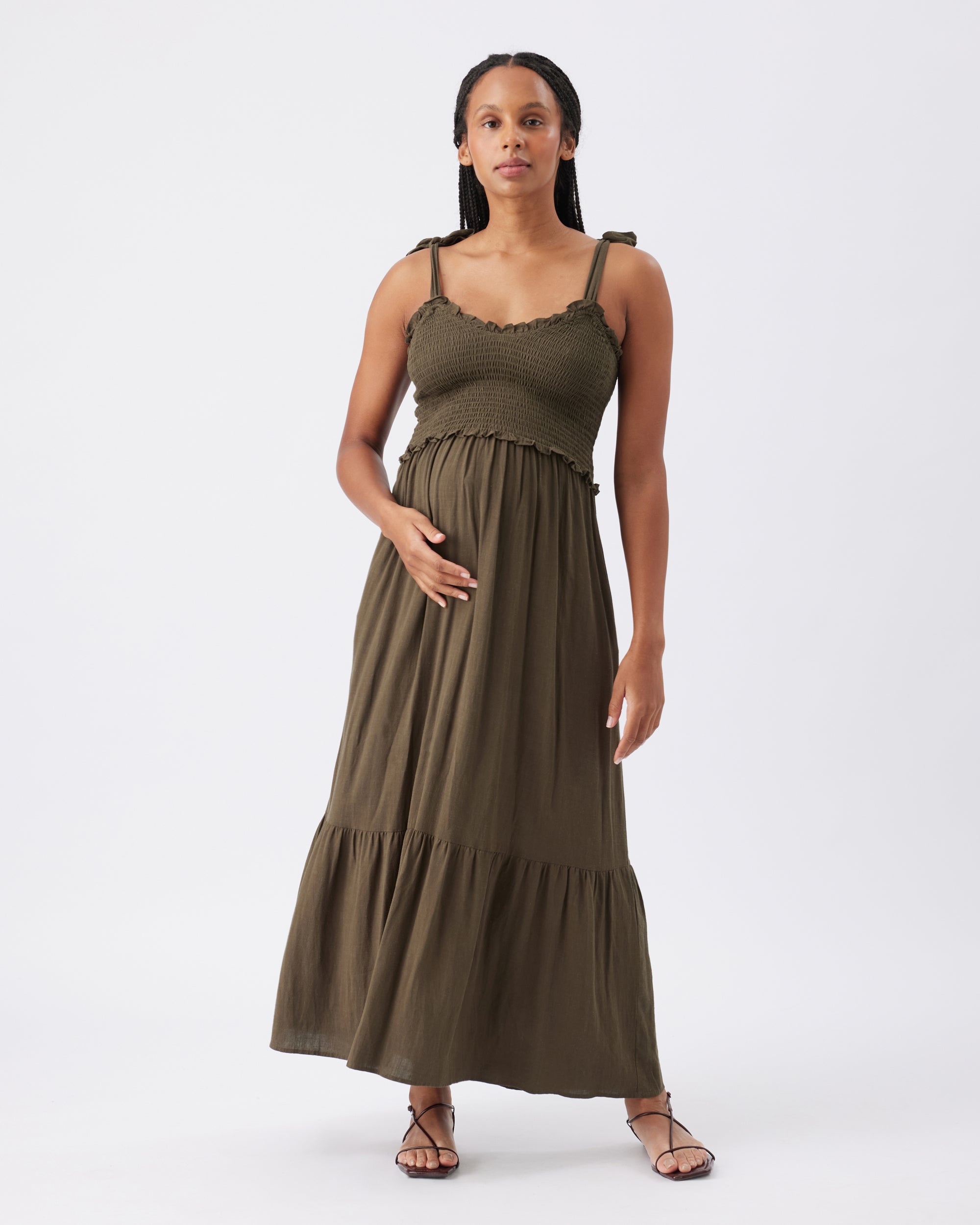 Brandi Shirred Dress  Khaki