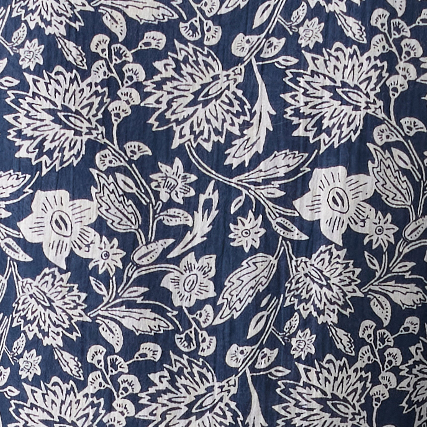 White floral pattern on a dark blue fabric background
