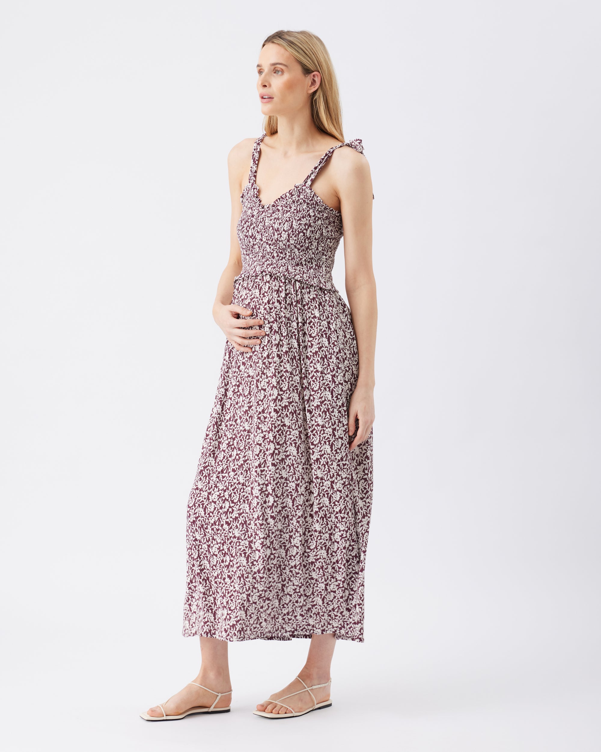 Dana Shirred Dress Maroon / White