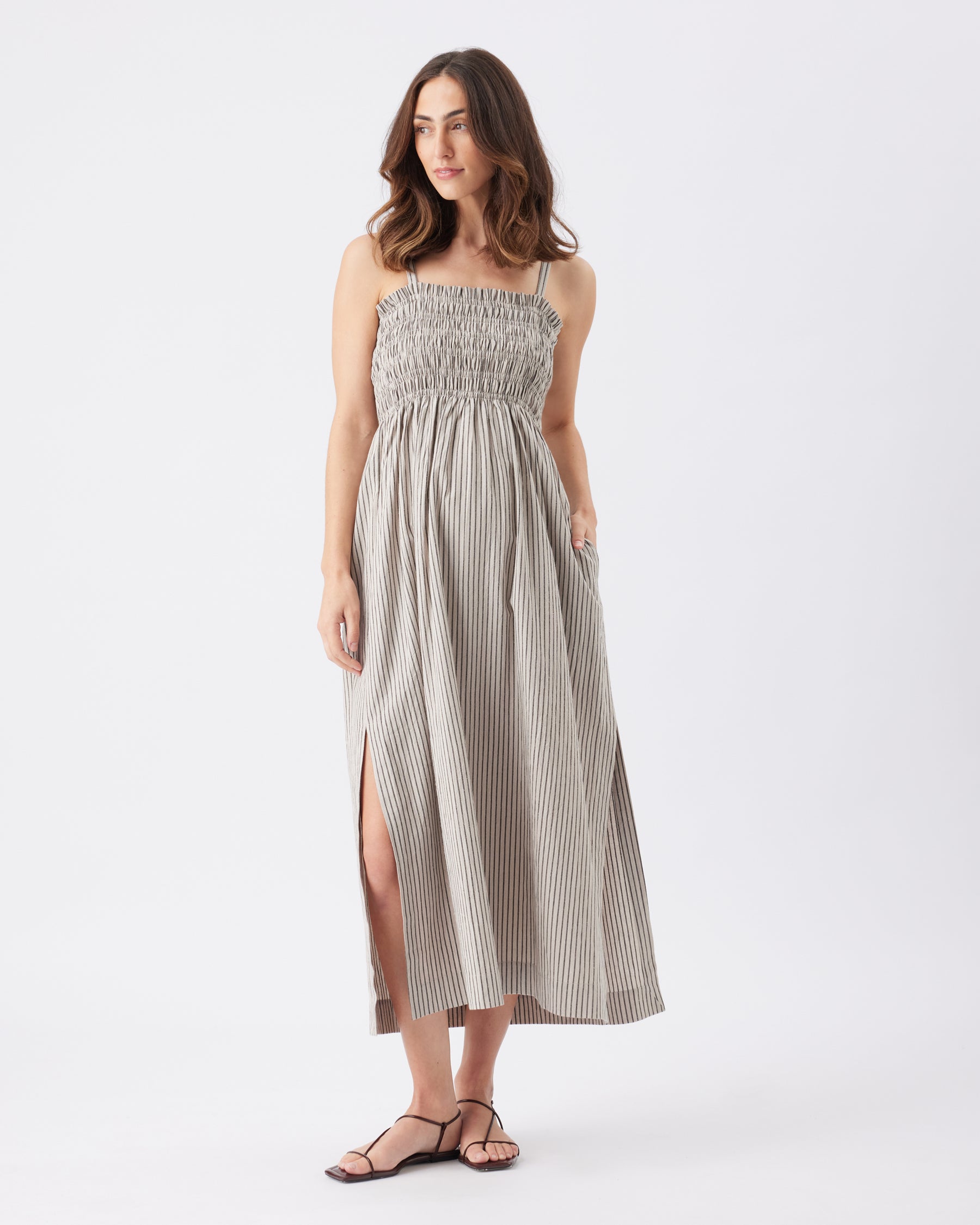 Leo Stripe Shirred Dress Natural / Black