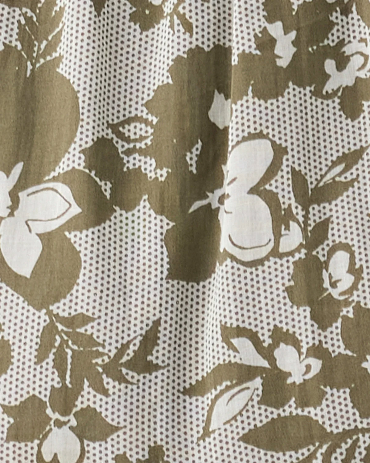 A close-up of a fabric or wallpaper pattern featuring large olive green floral motifs over a white background with a fine gray dotted mesh texture.