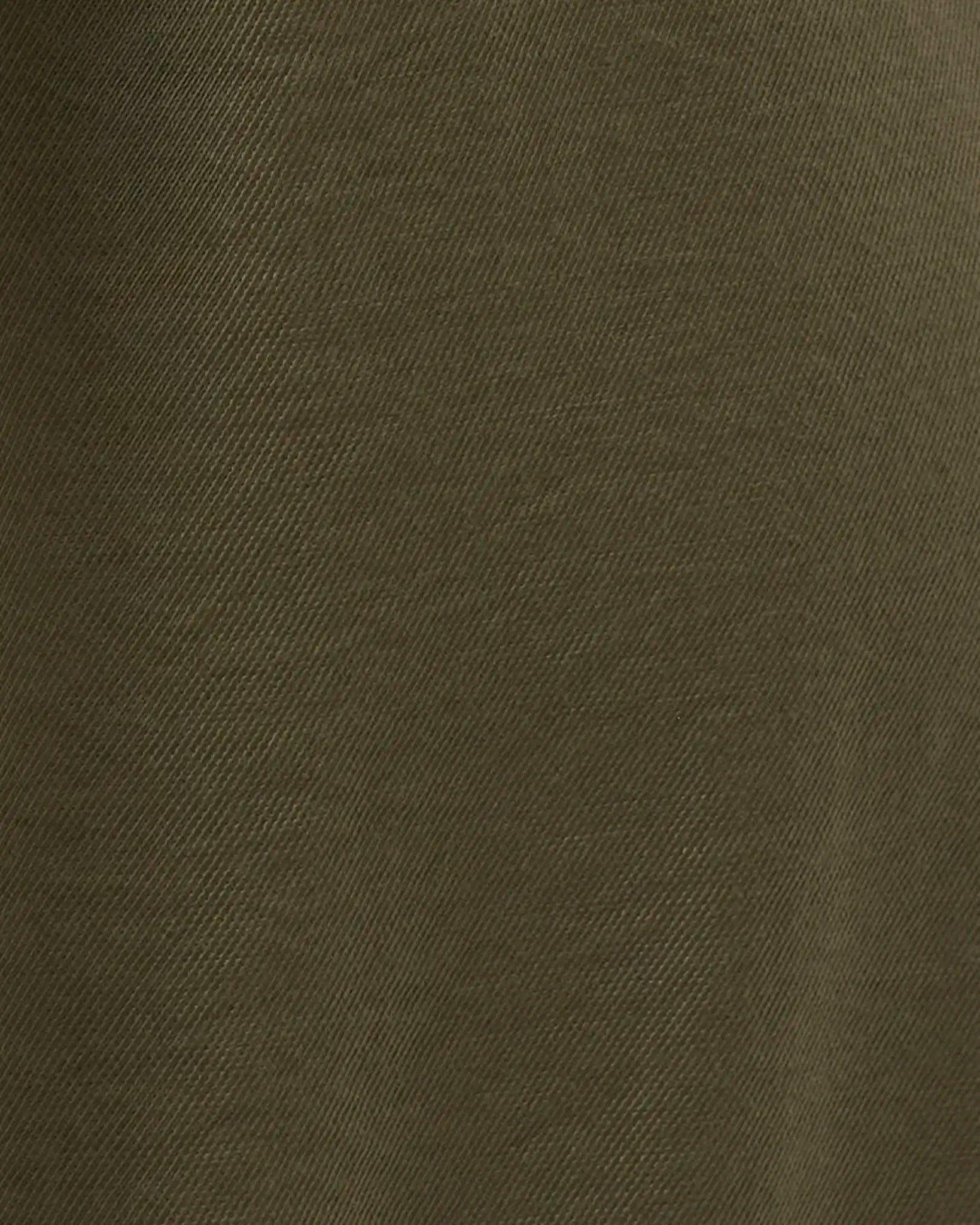 A close-up of a dark olive green textured fabric with a fine diagonal twill weave.
