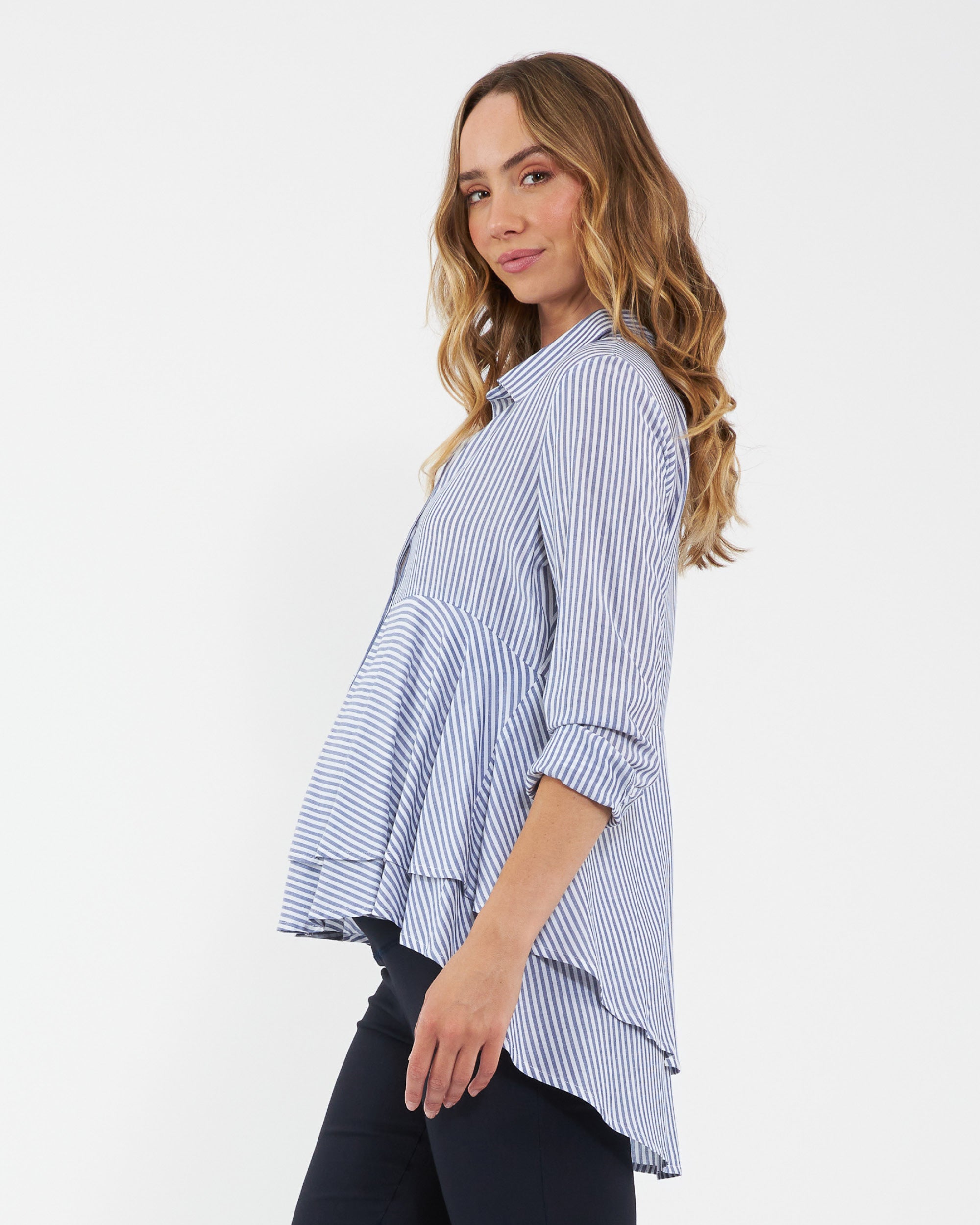 Stripe Layered Peplum Shirt Navy / White