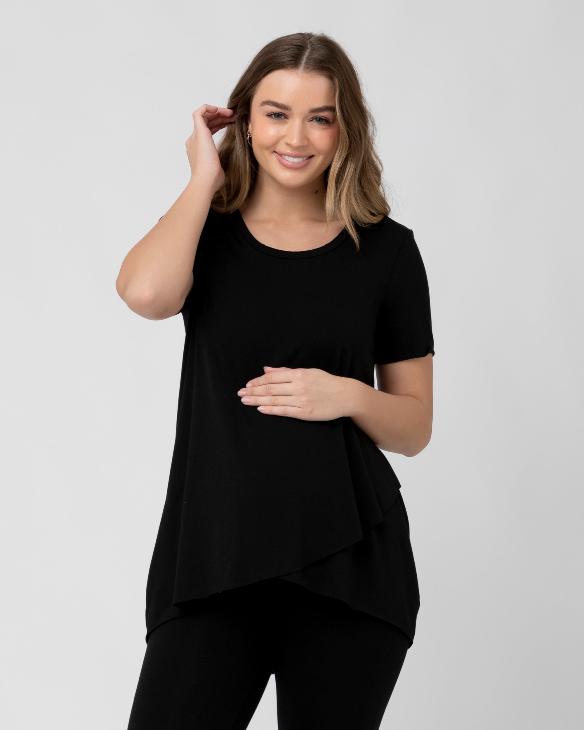 Short Sleeve Raw Edge Nursing Top Black