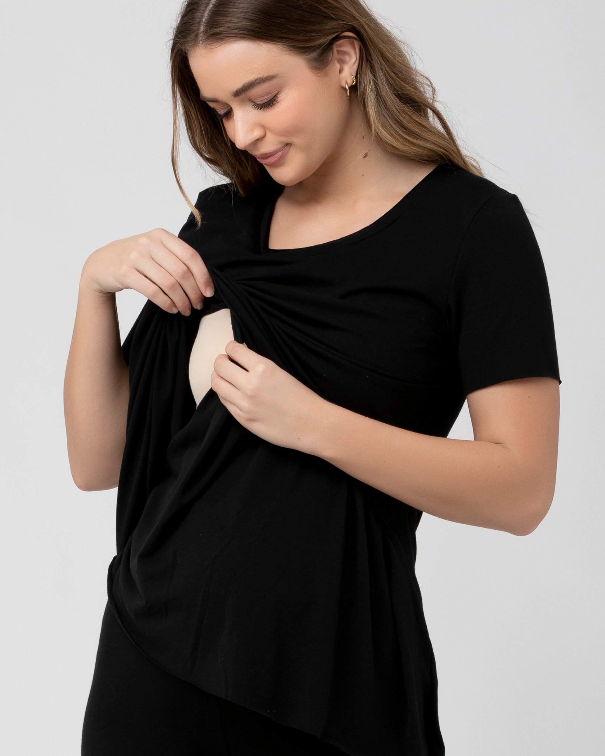 Short Sleeve Raw Edge Nursing Top Black