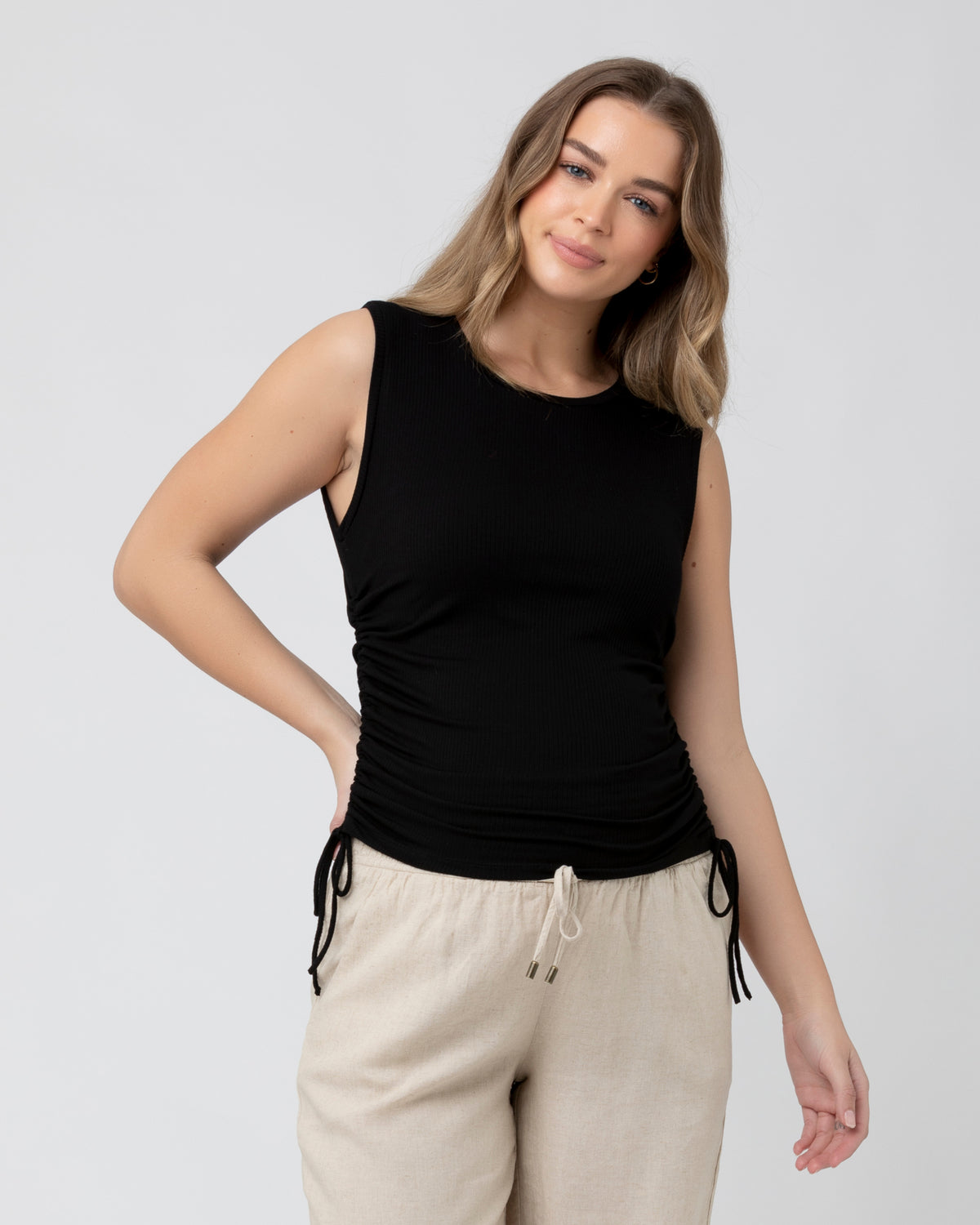 Jodie Ruched Rib Tank Black