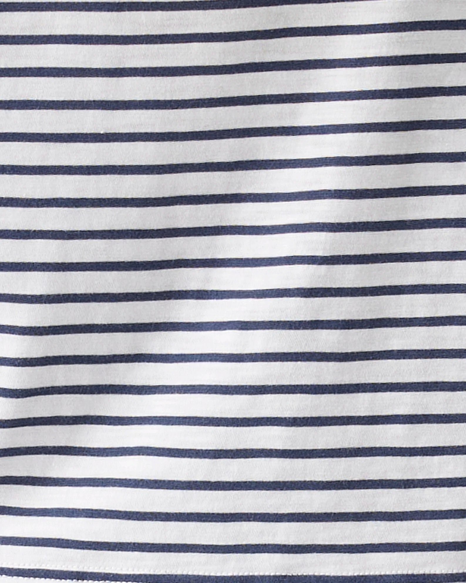 A close-up of a striped fabric with thin navy blue horizontal stripes on a white background.