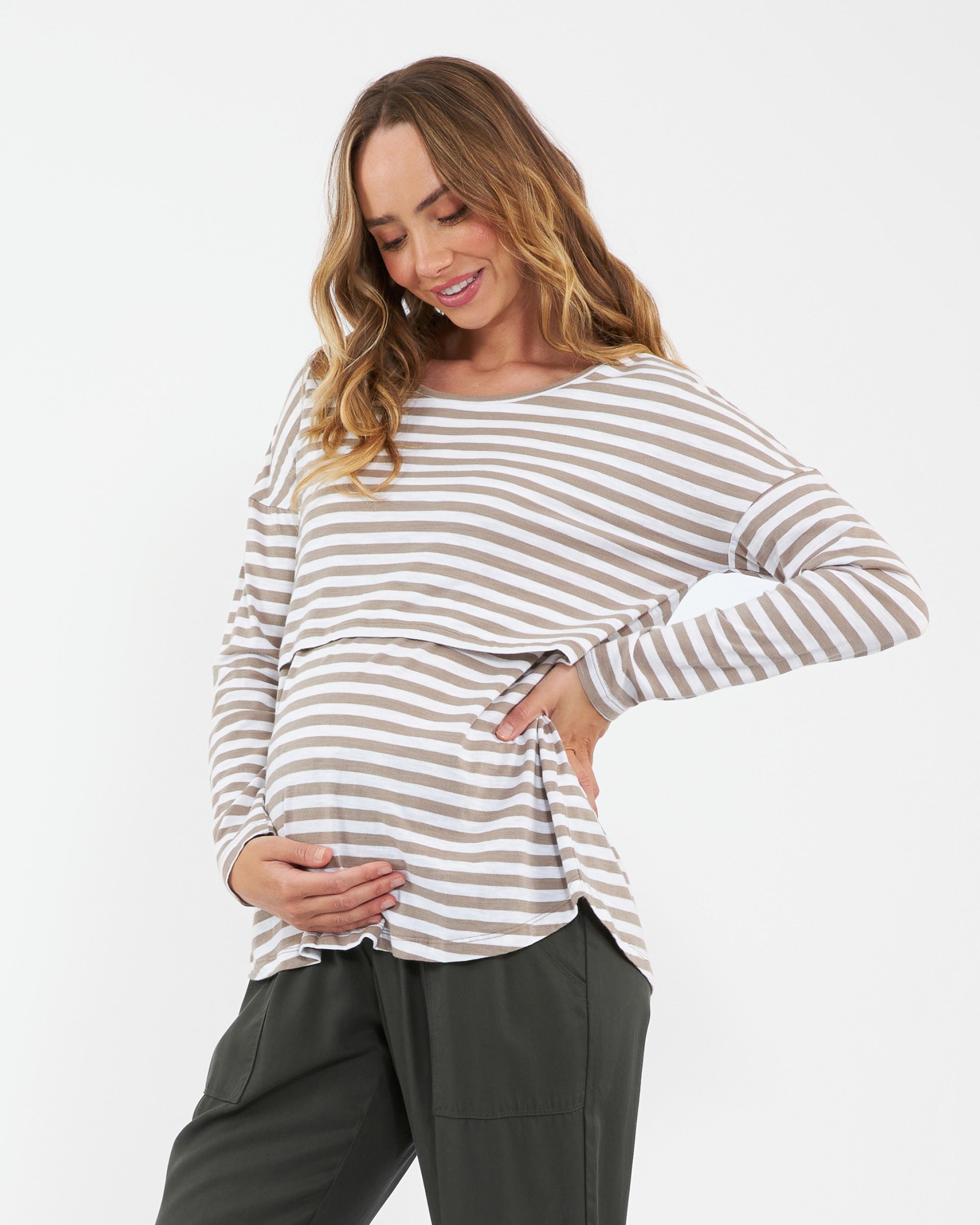Lionel Long Sleeve Nursing Tee Taupe / White
