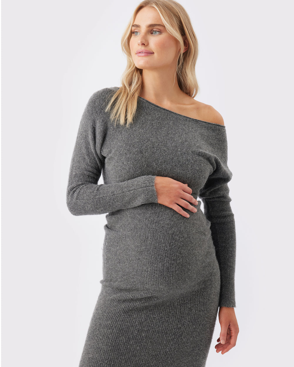 Tobie Off Shoulder Knit Dress in Charcoal Marle