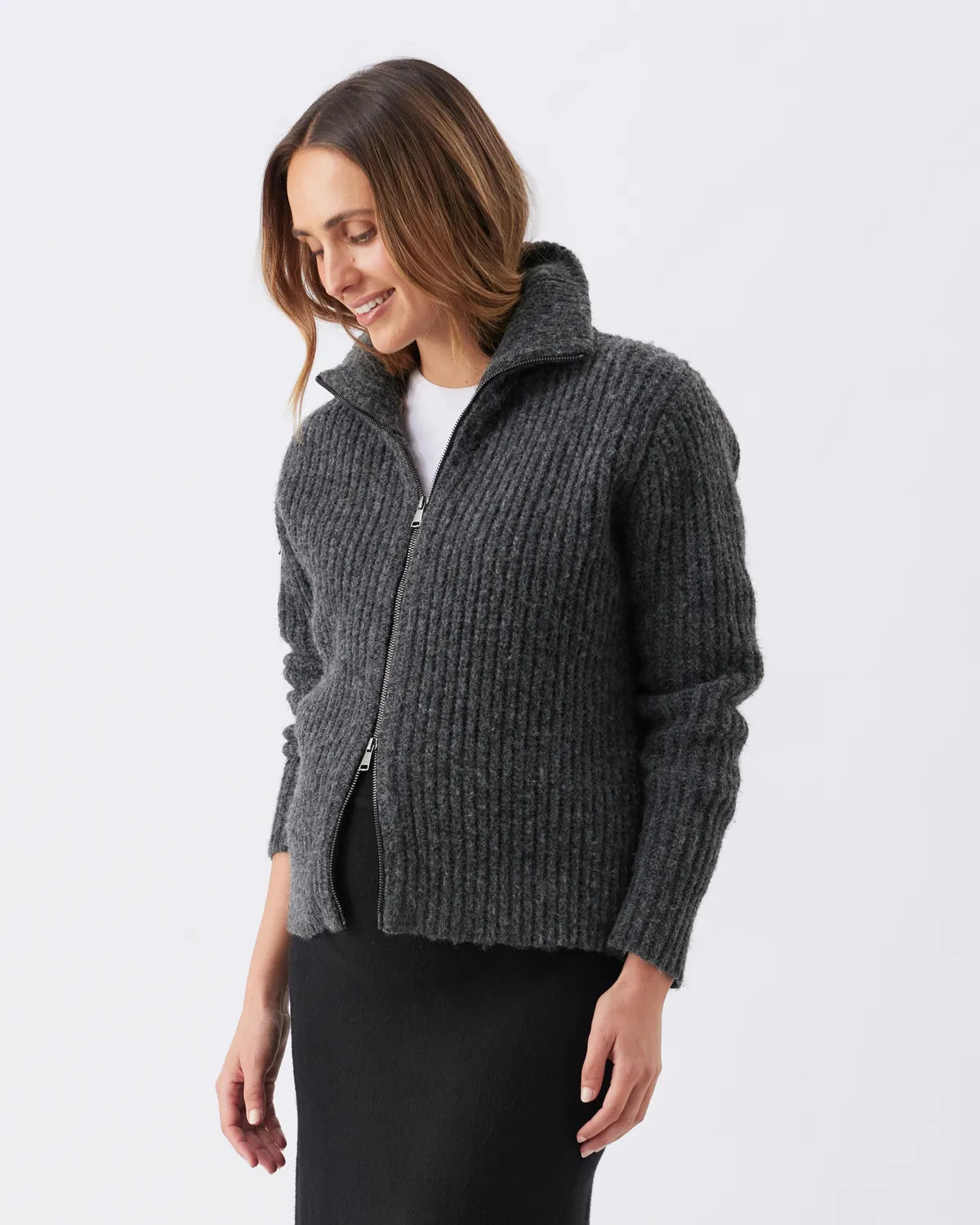Layla Zip Through Knit Dark Charcoal