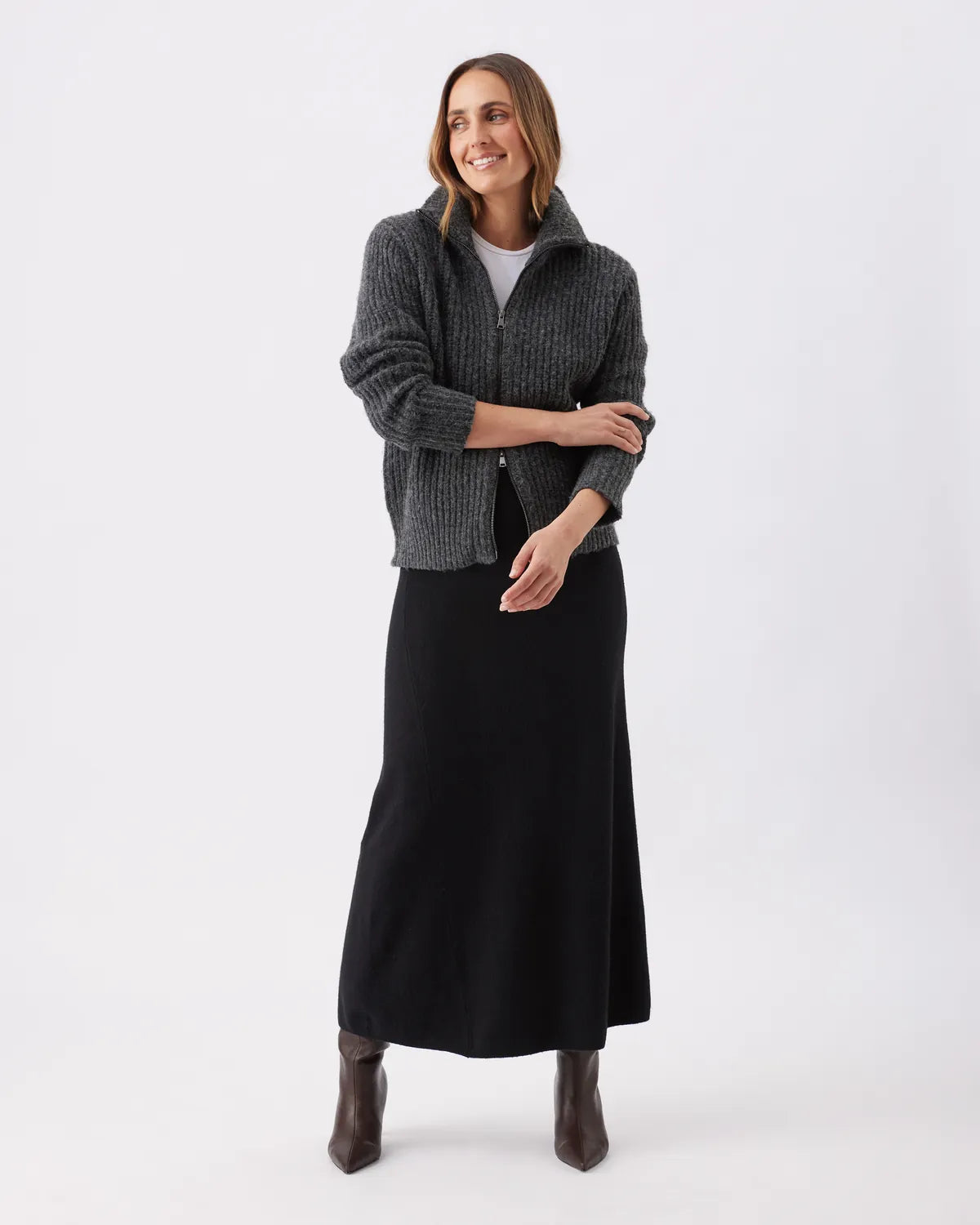 Layla Zip Through Knit Dark Charcoal