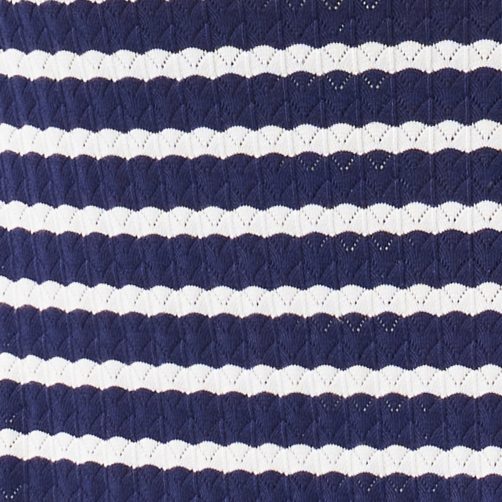 Close-up of navy and white striped fabric with textured pattern