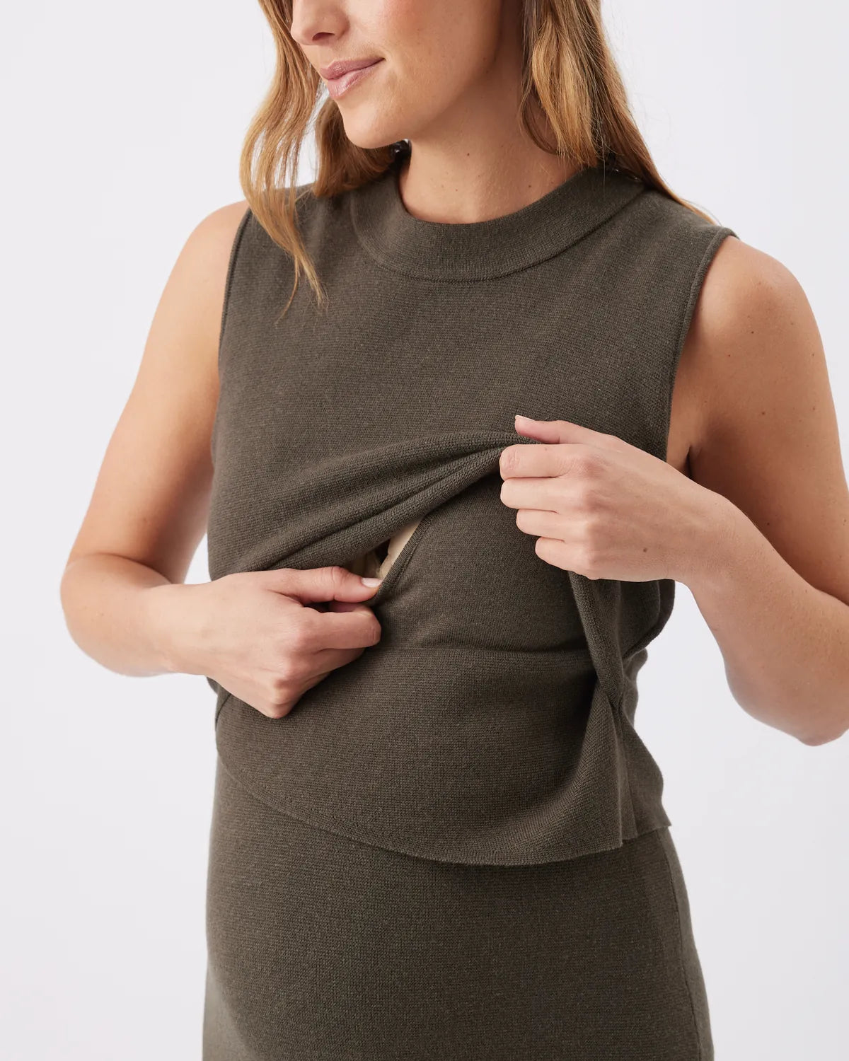 Layered Knit Nursing Dress Khaki