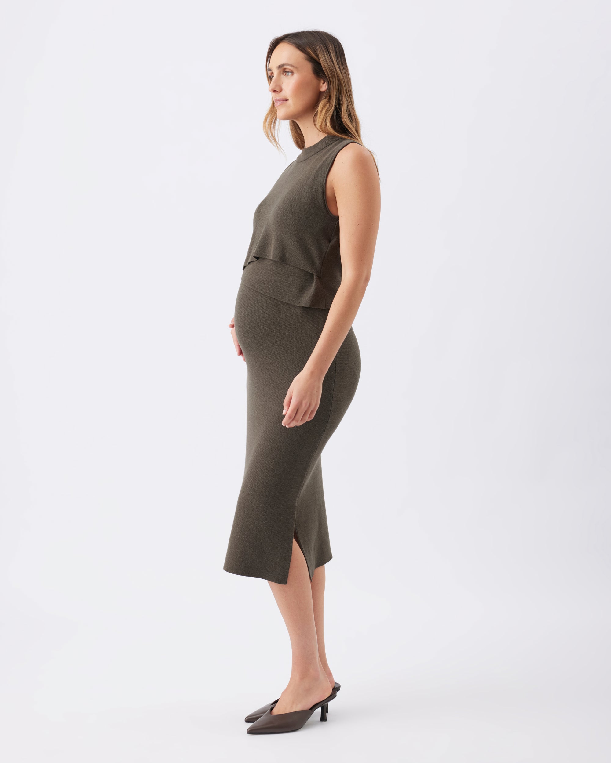 Layered Knit Nursing Dress Khaki