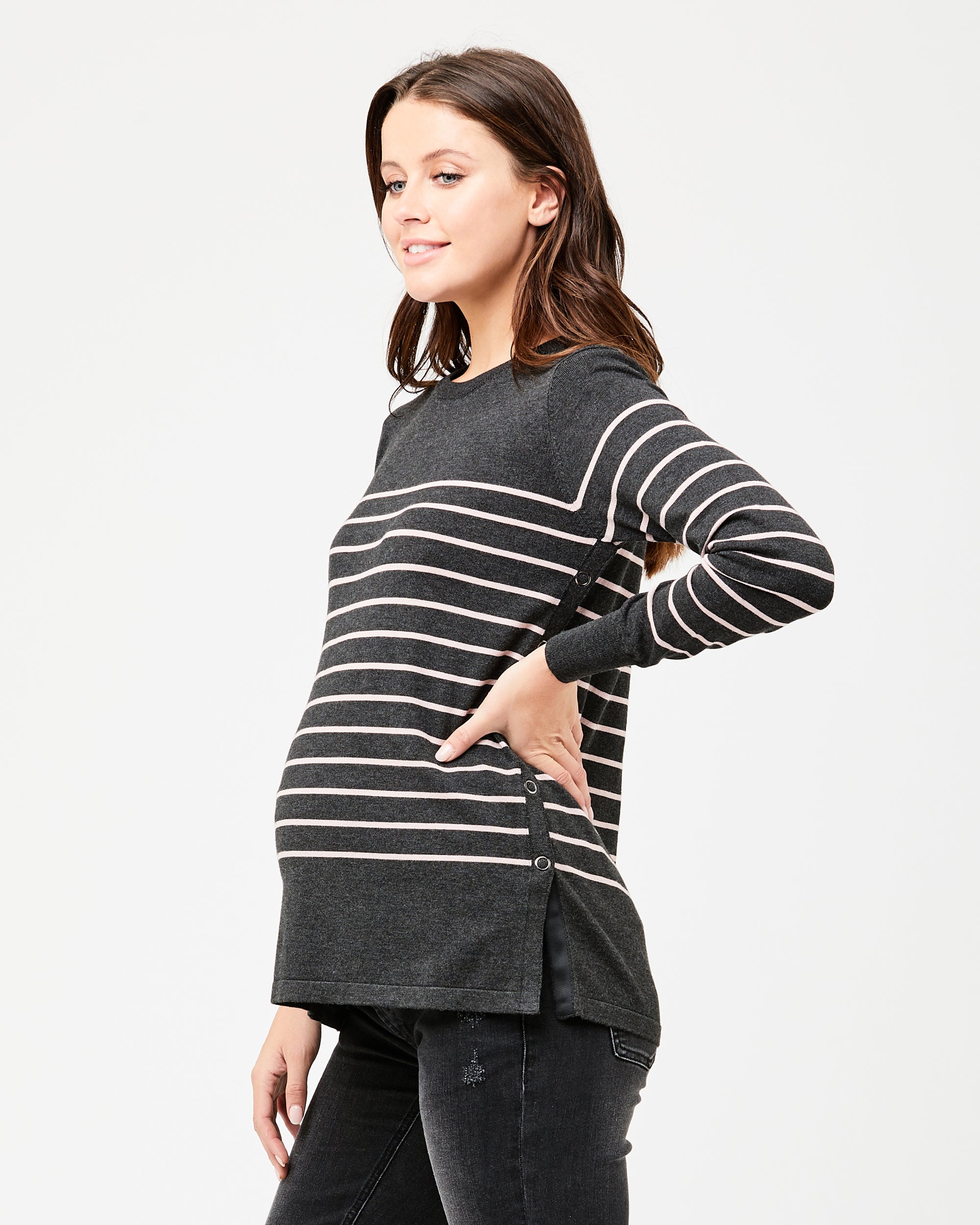 Button Up Nursing Knit Charcoal Marle /Pink