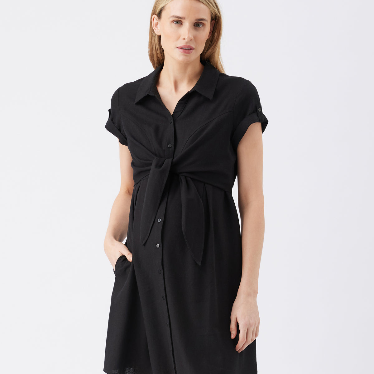 Colette Tie Up Linen Dress Black