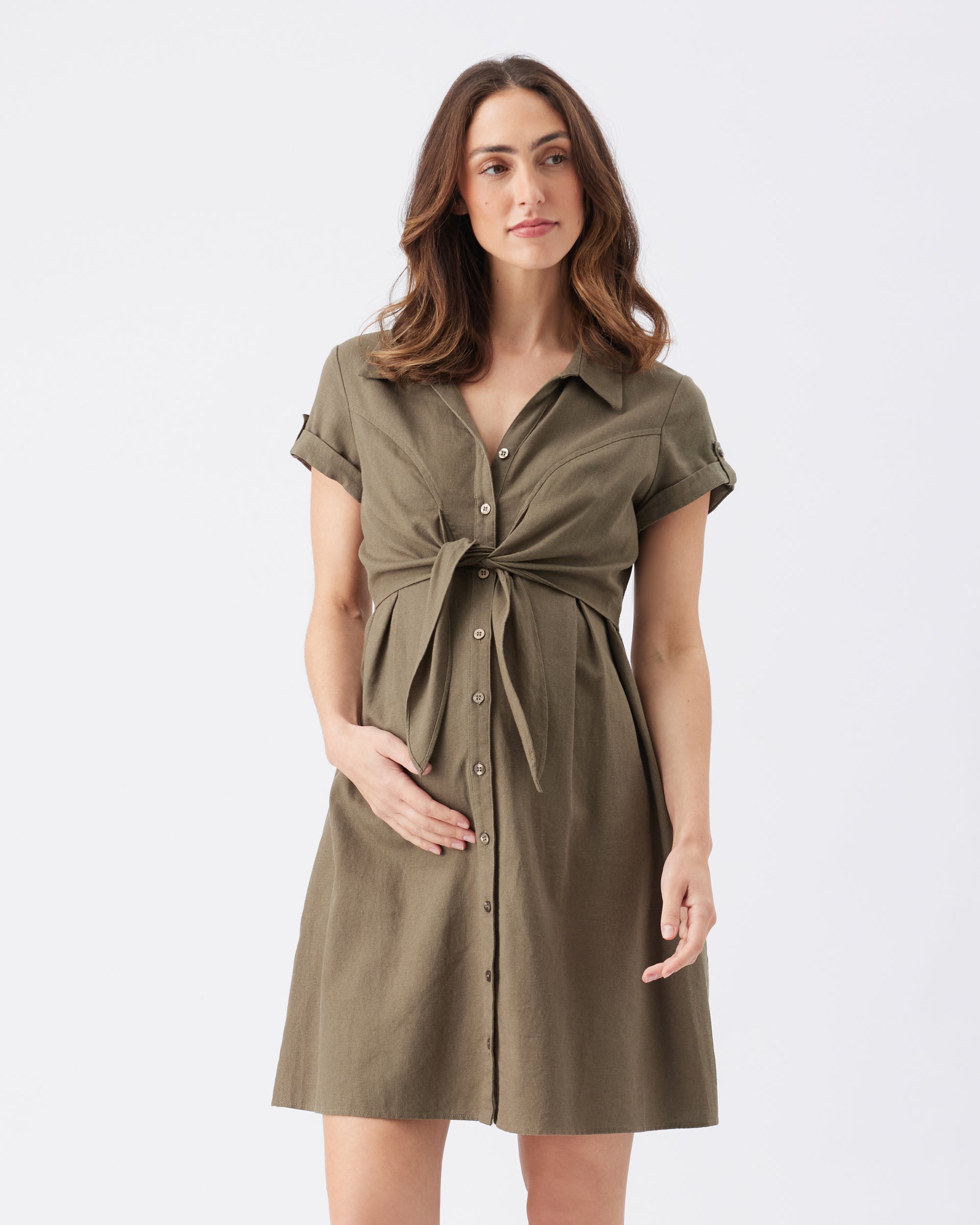 Colette Tie Up Linen Dress Olive