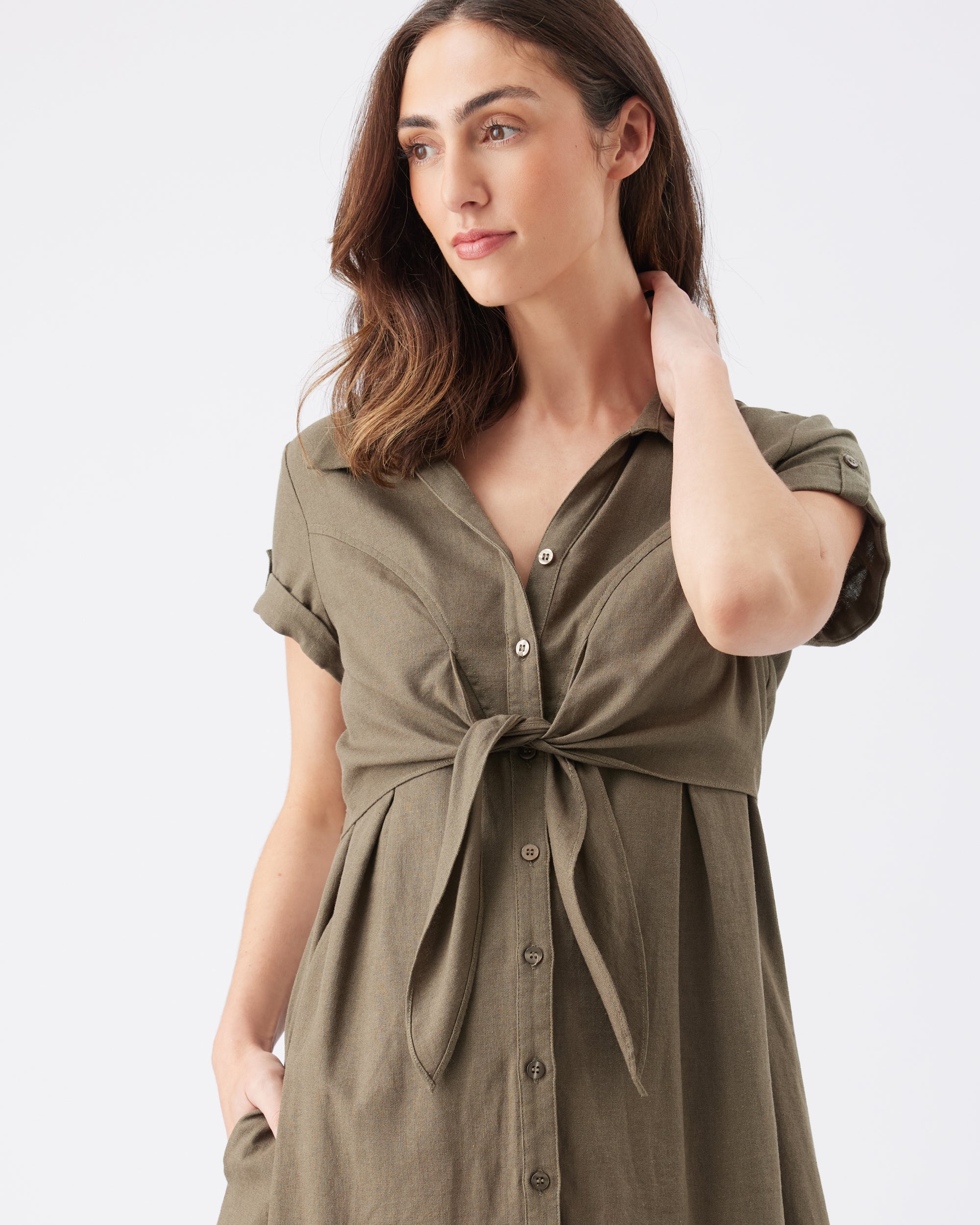 Colette Tie Up Linen Dress Olive