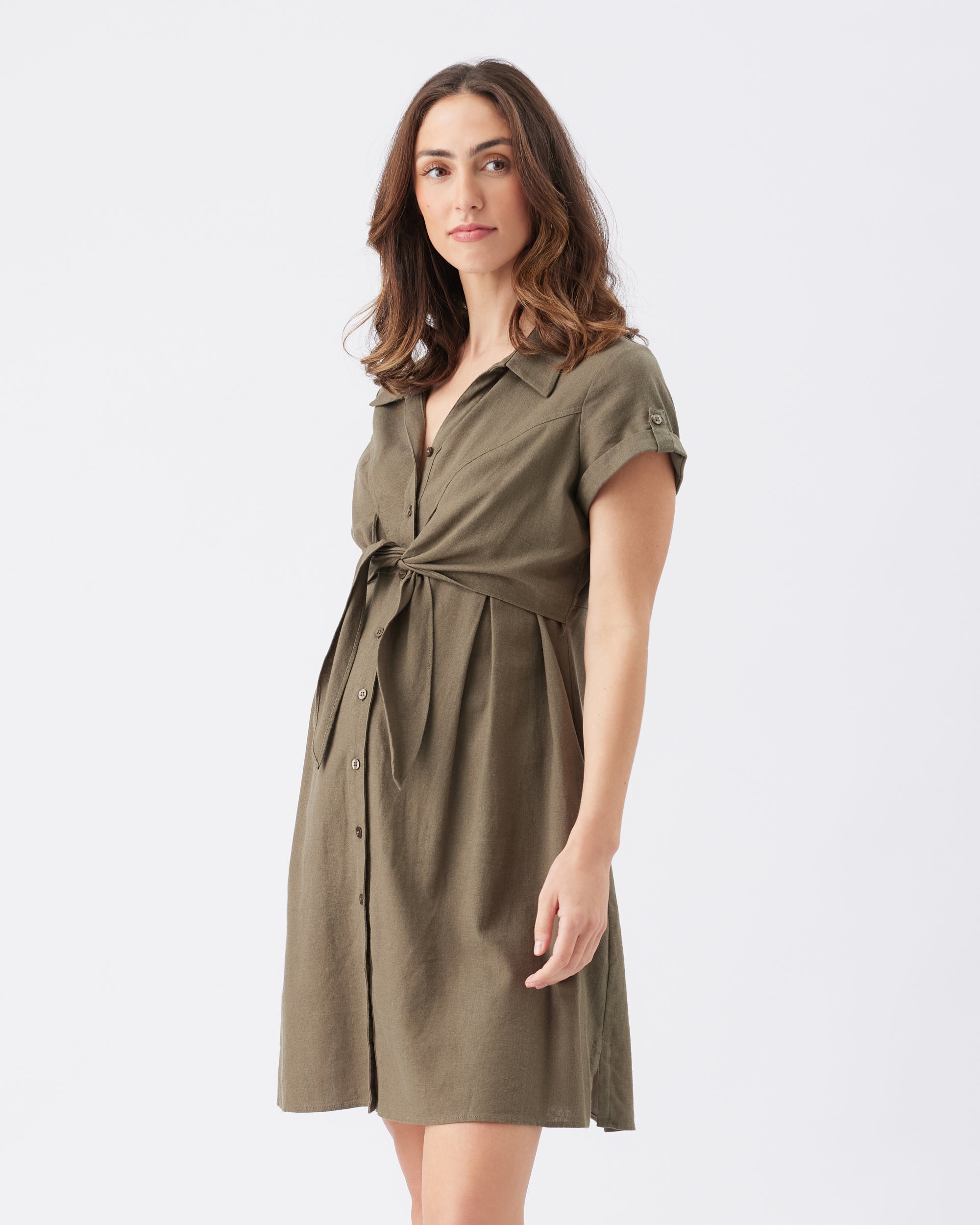 Colette Tie Up Linen Dress Olive
