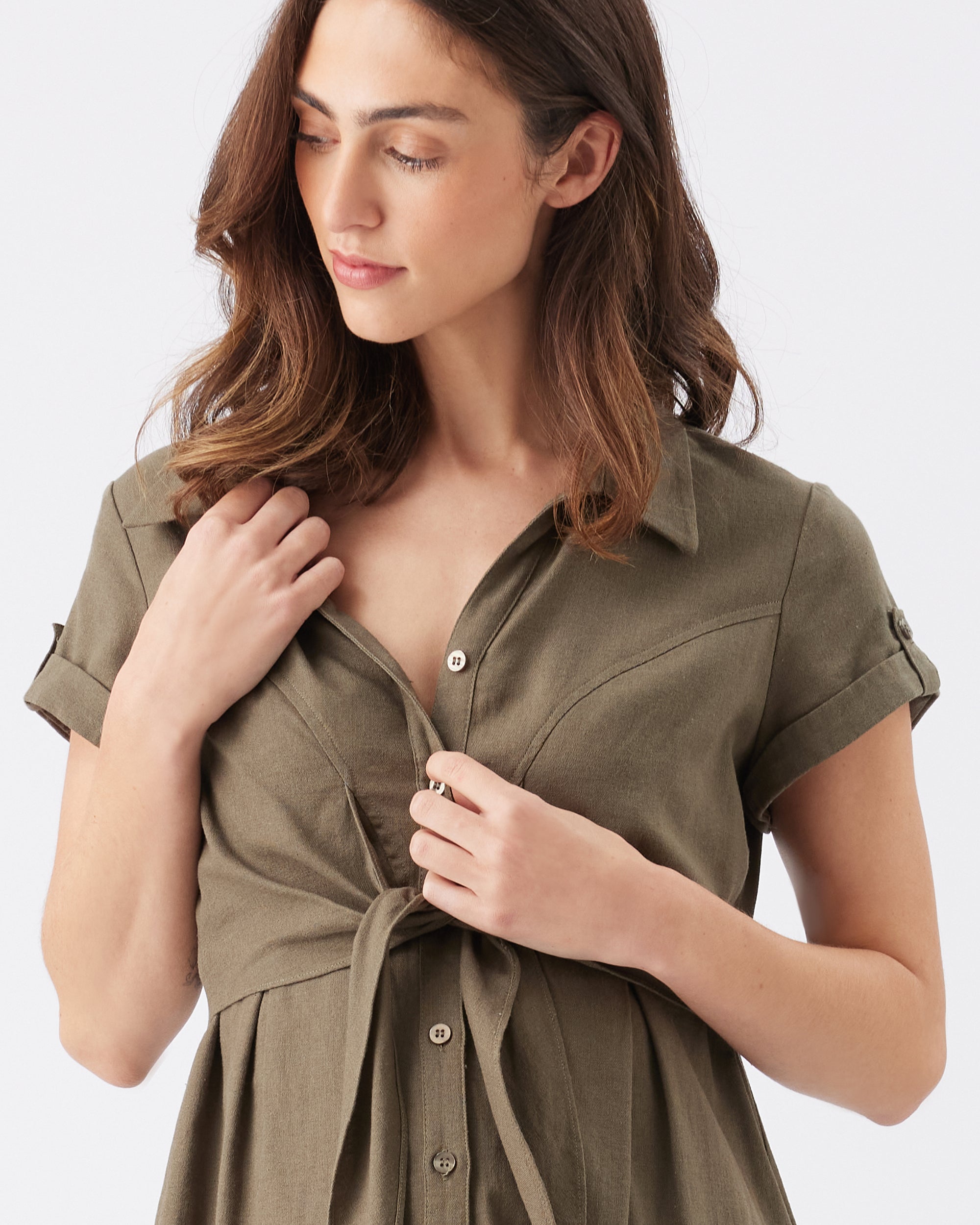 Colette Tie Up Linen Dress Olive