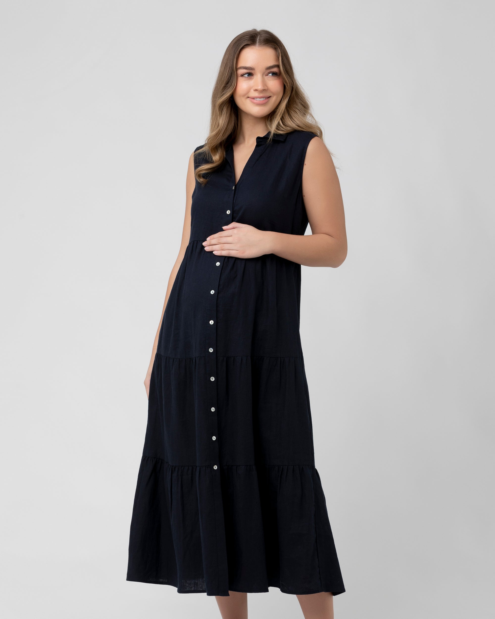 Tracy Tiered Linen Dress Navy