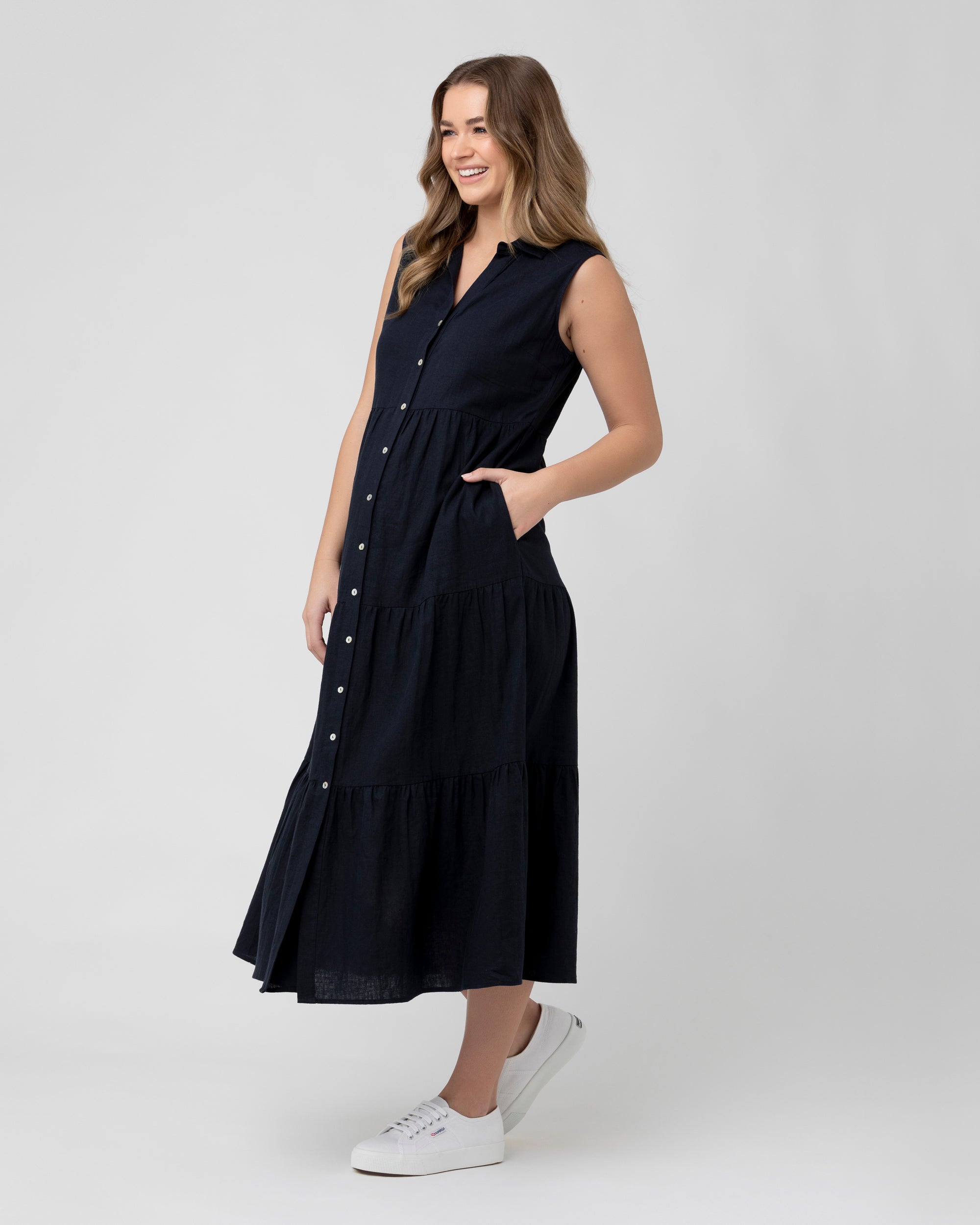 Tracy Tiered Linen Dress Navy