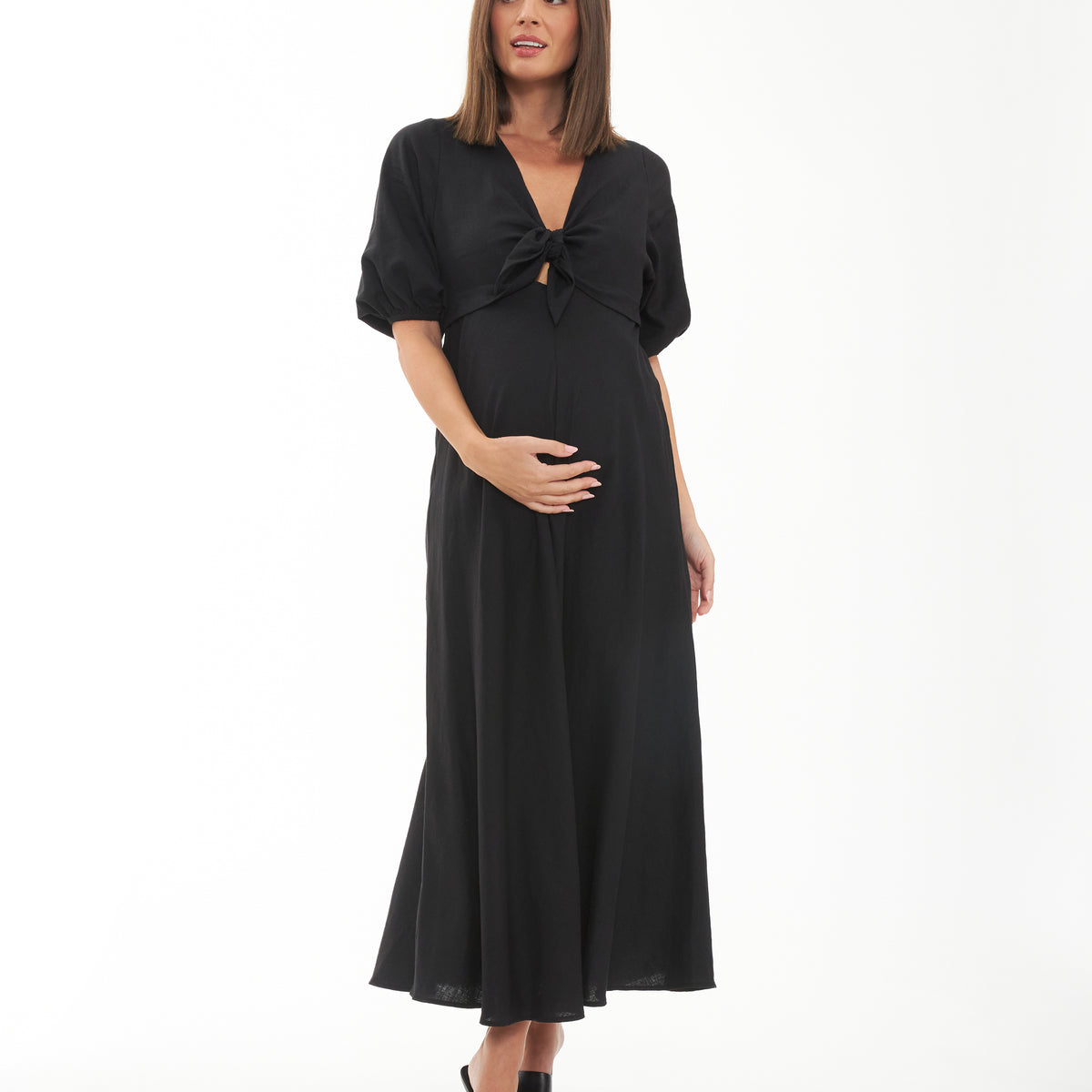 Camille Tie Front Linen Dress in Black | Maternity Dresses