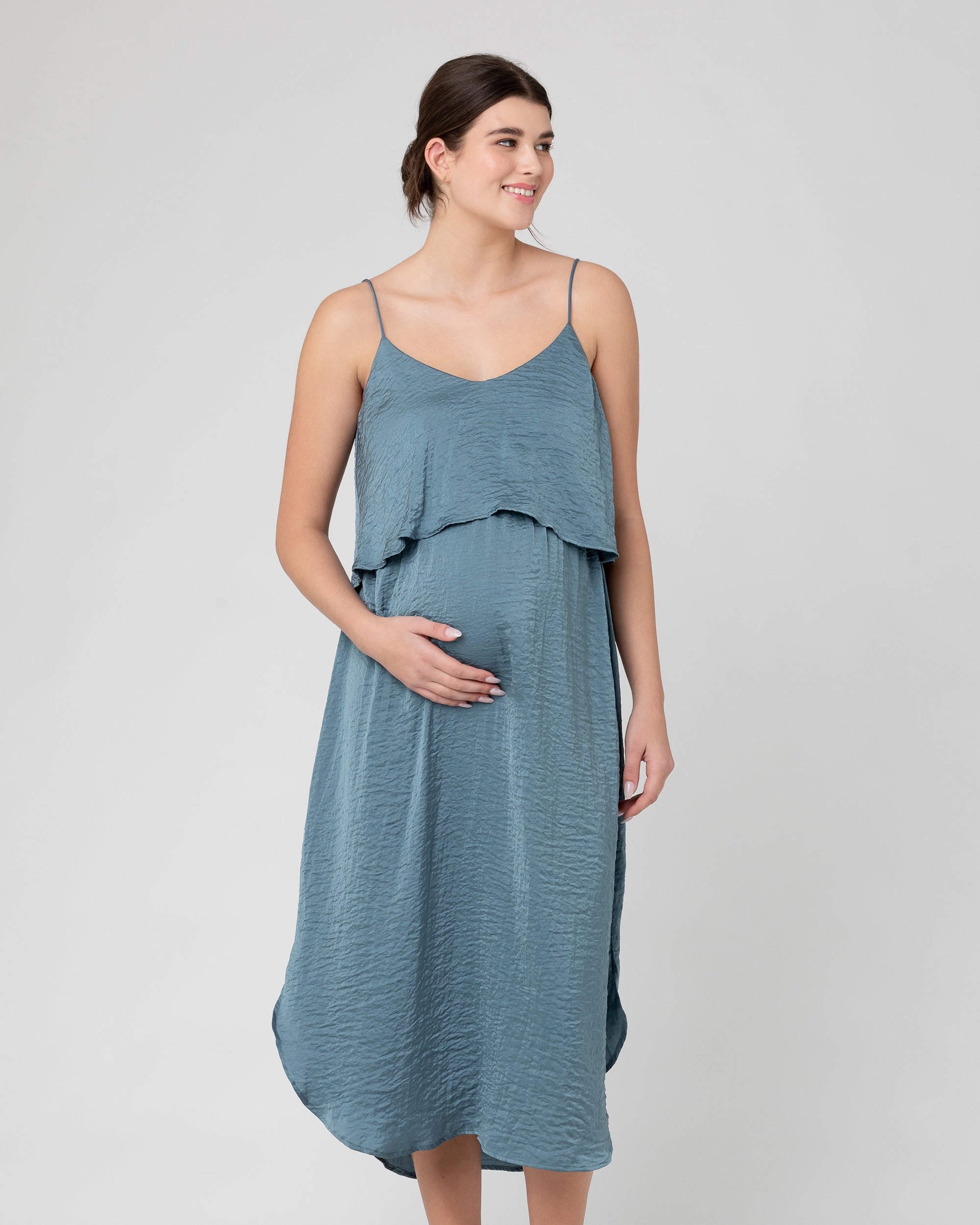 Crushed Satin Nursing Dress  Dusty Blue