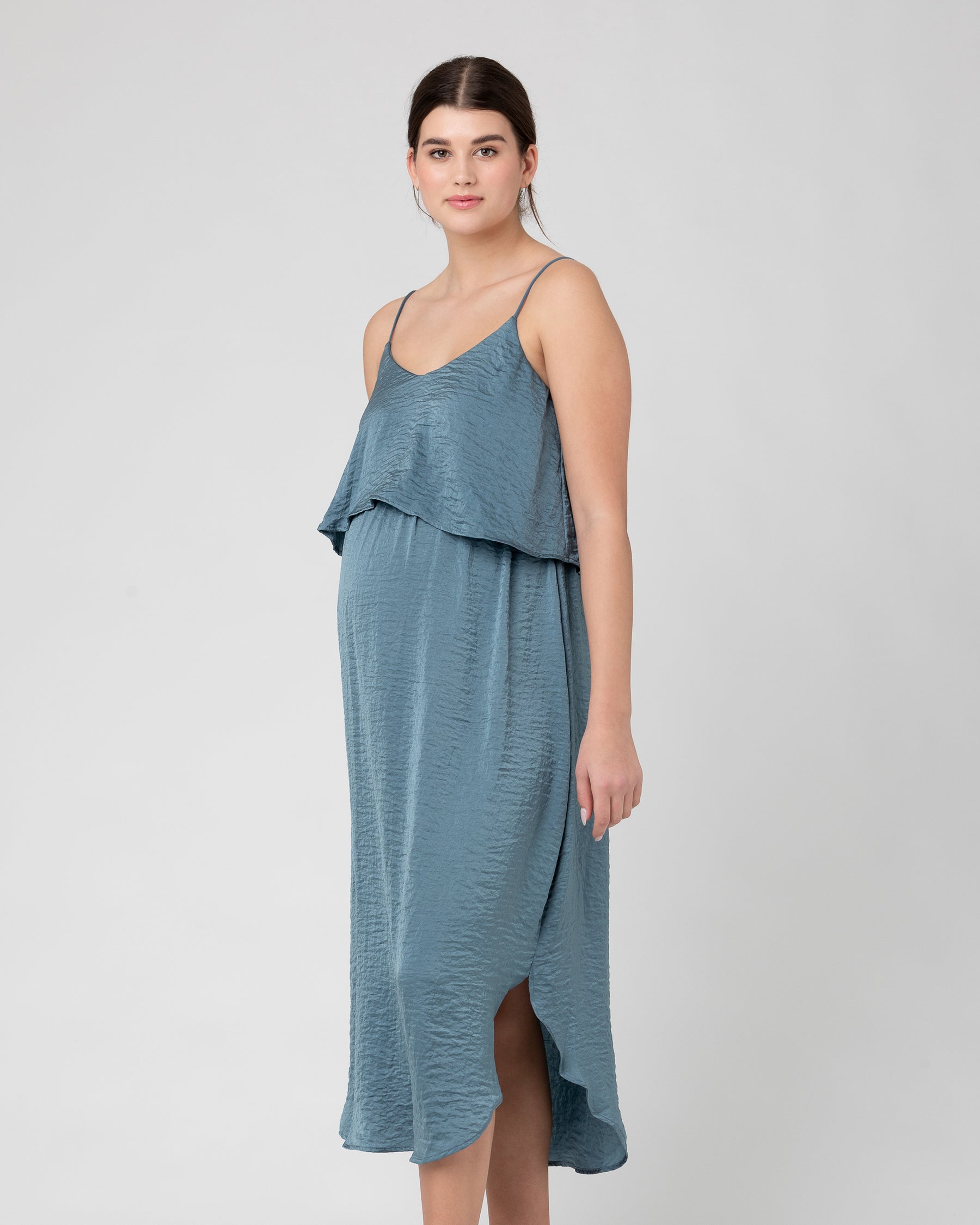Crushed Satin Nursing Dress  Dusty Blue