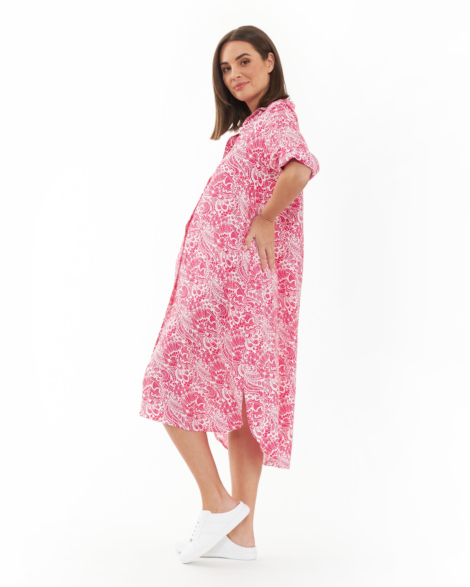 Janis Shirt Dress  Hot Pink / White