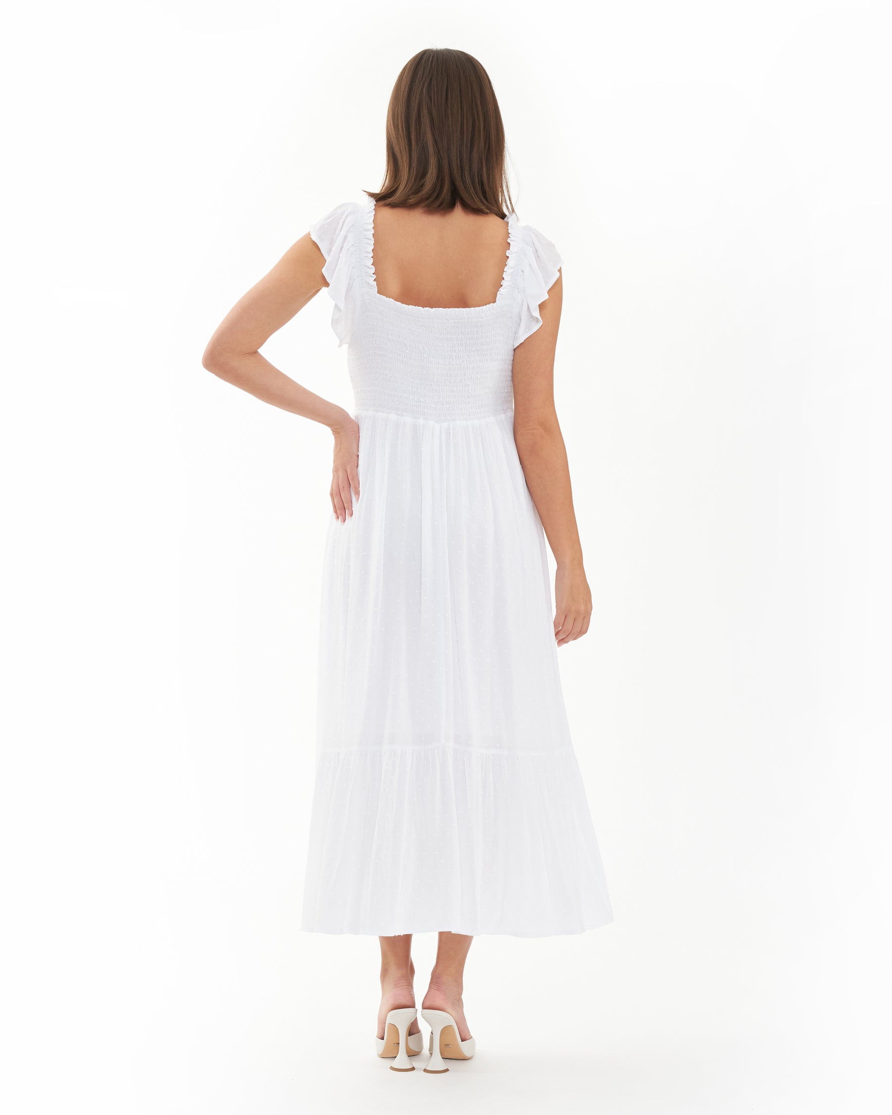 cherish the moment ruched ruffle hail spot dress white Cherish The Moment Ruched Ruffle Hail Spot Dress White