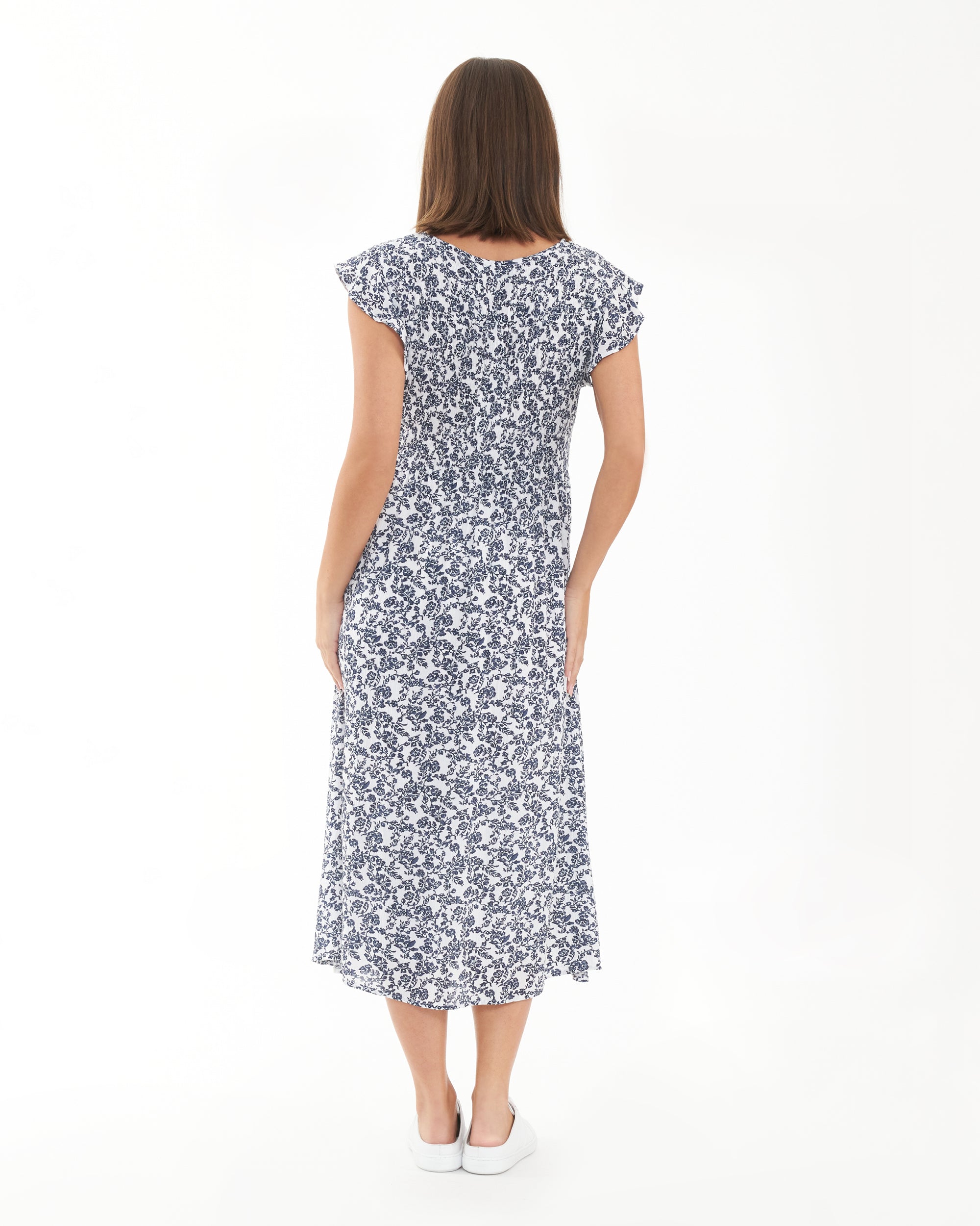 Joyce Shirred Dress  White / Navy