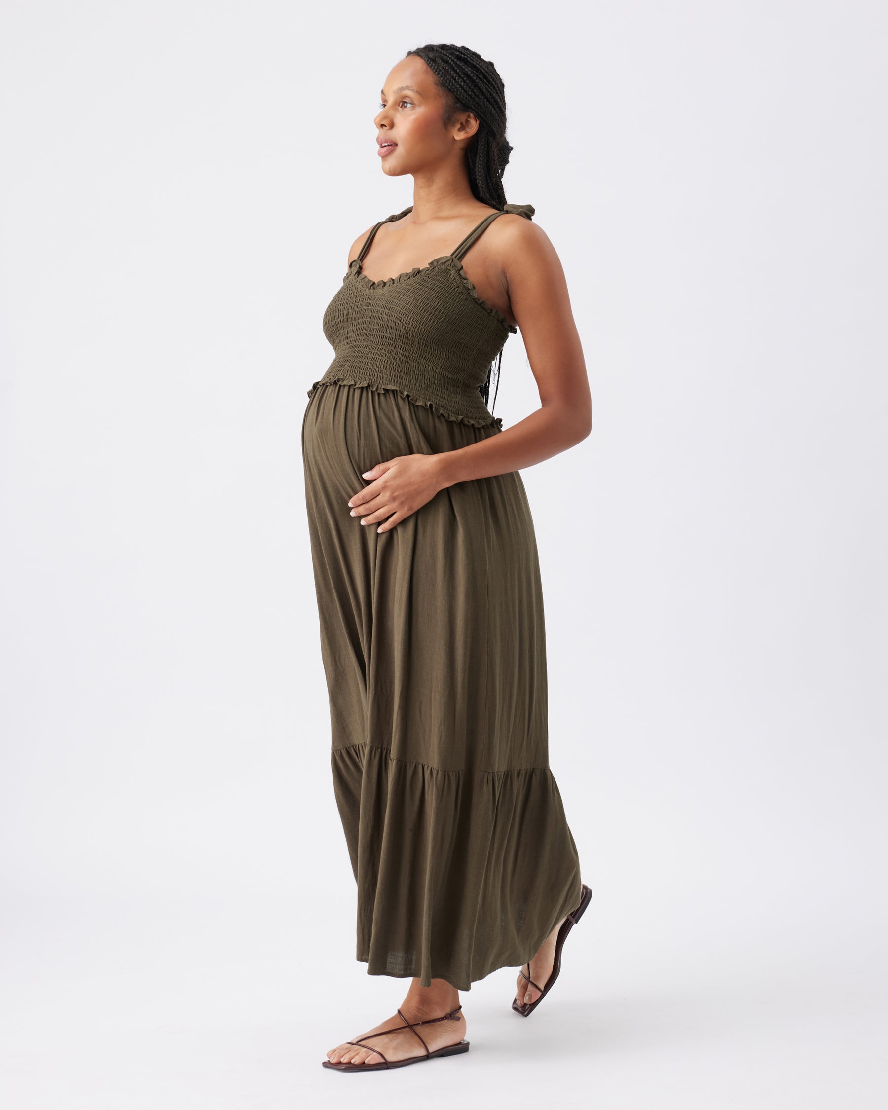 Brandi Shirred Dress  Khaki