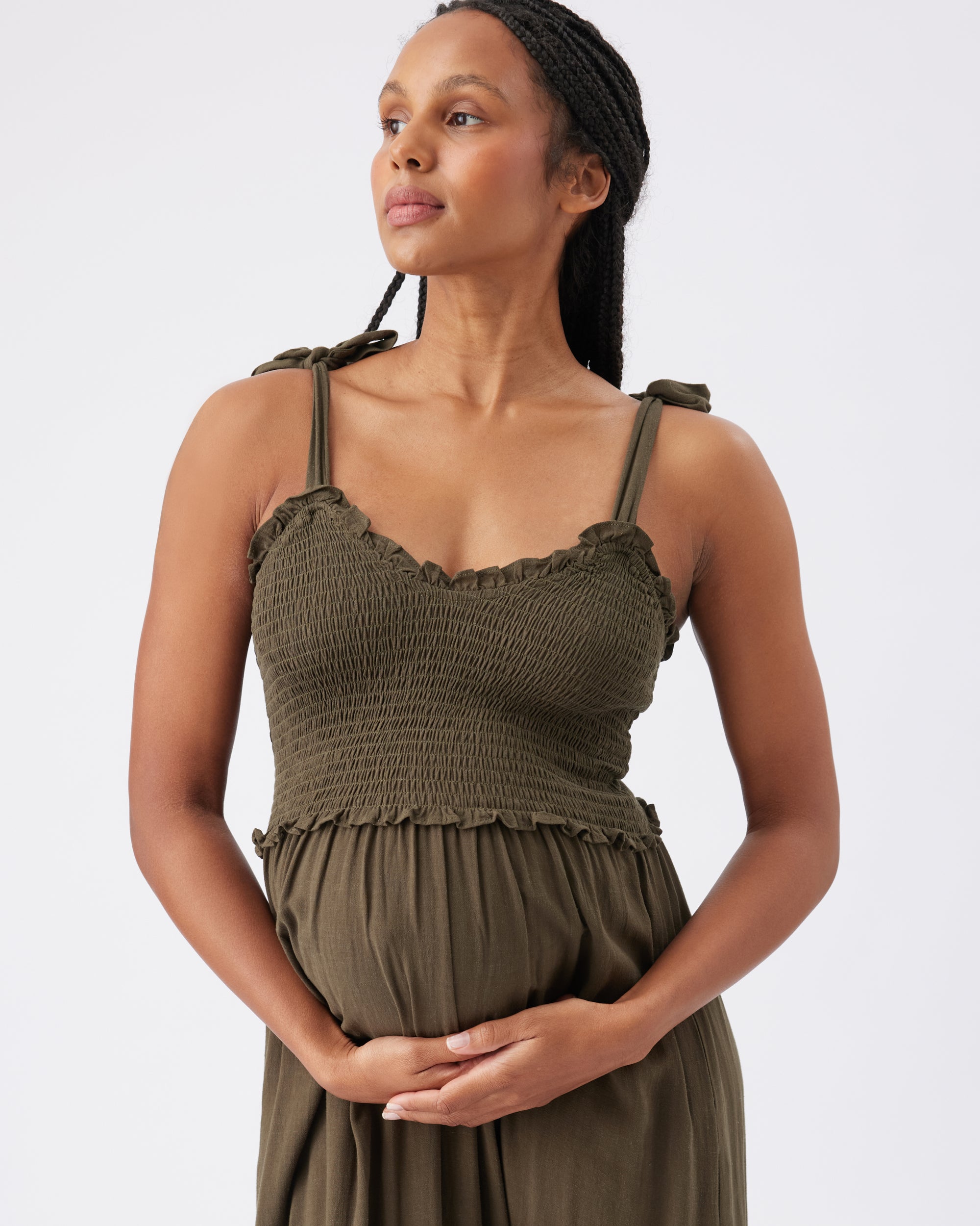 Brandi Shirred Dress  Khaki
