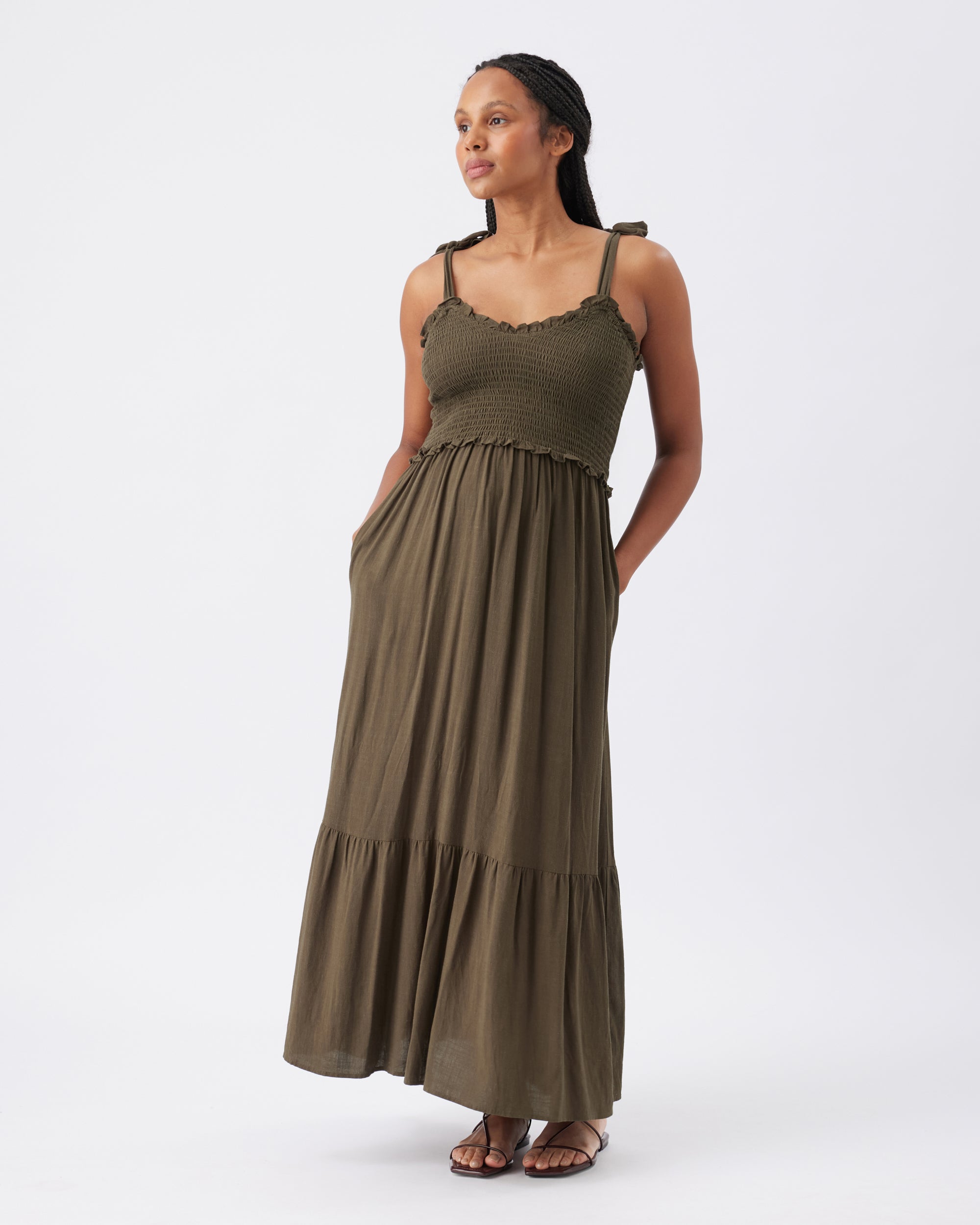 Brandi Shirred Dress  Khaki
