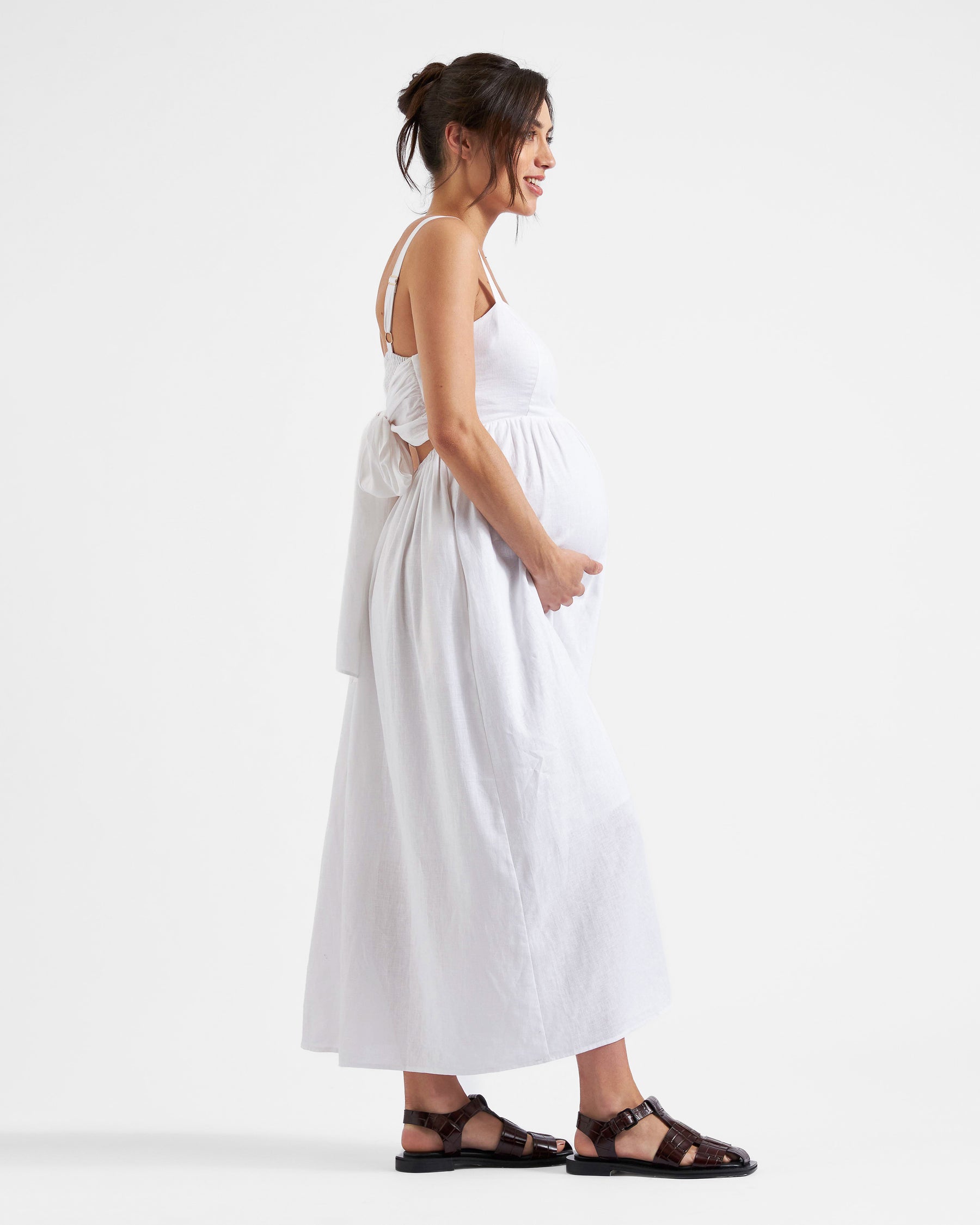 Simone Tie Back Linen Dress  White