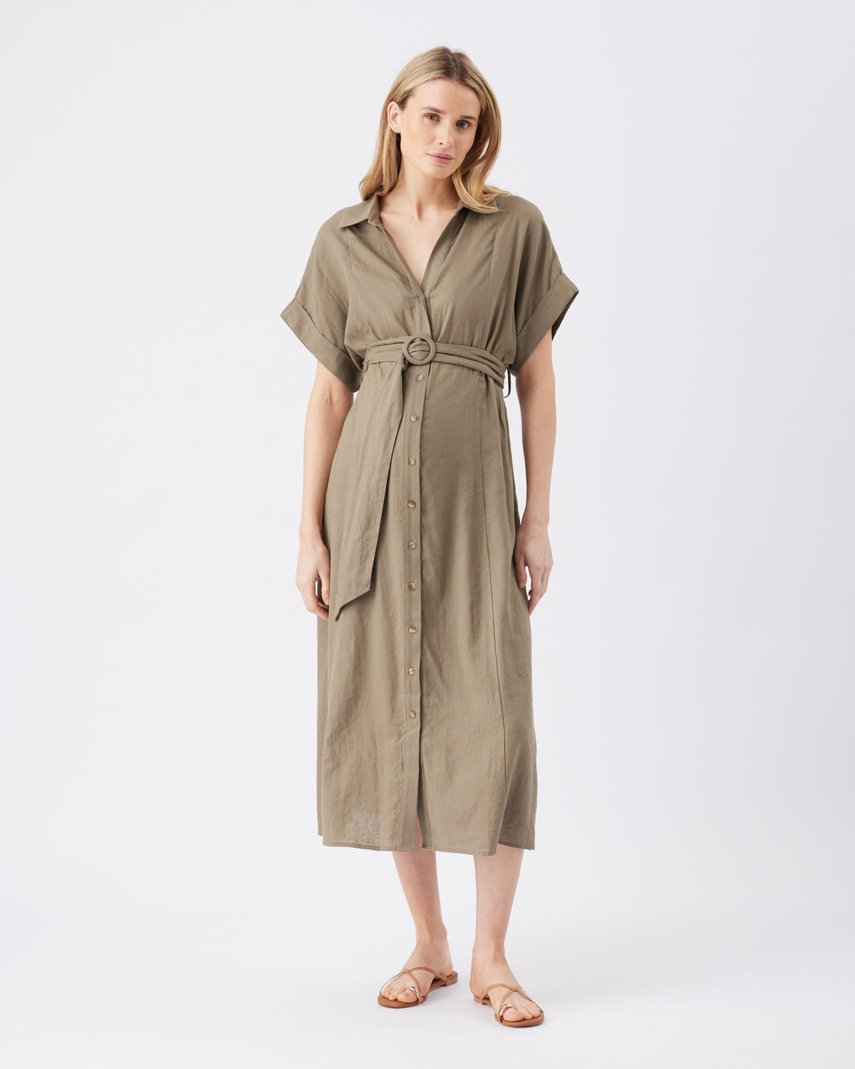Amy Linen Nursing Shirt Dress  Olive