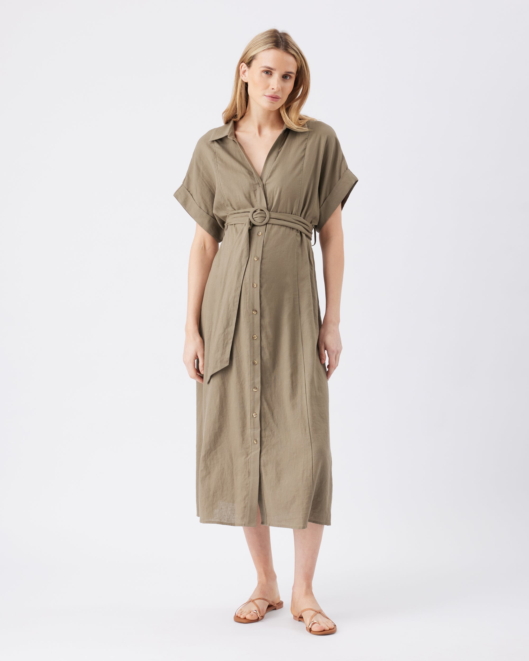 Amy Linen Nursing Shirt Dress  Olive
