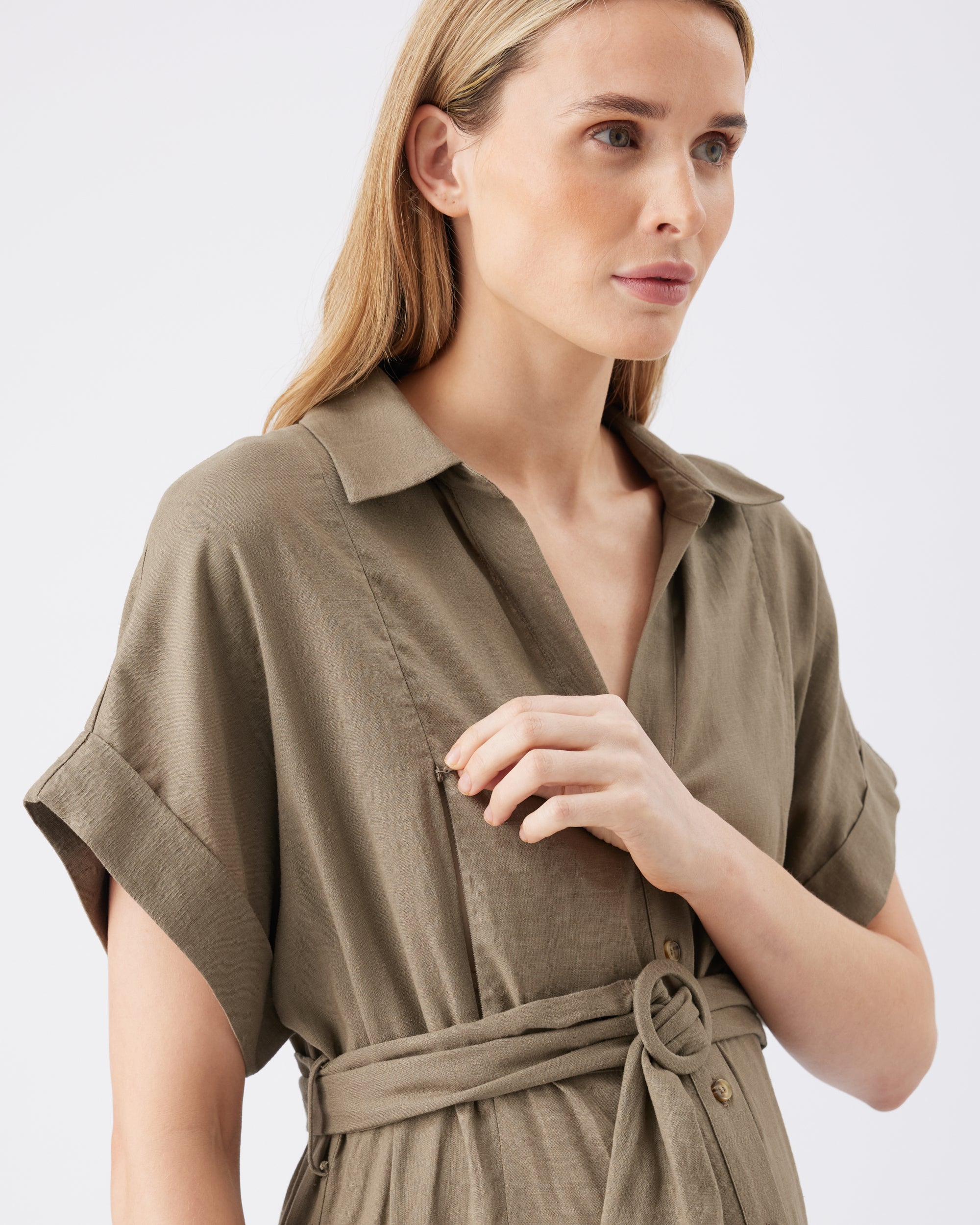 Amy Linen Nursing Shirt Dress  Olive